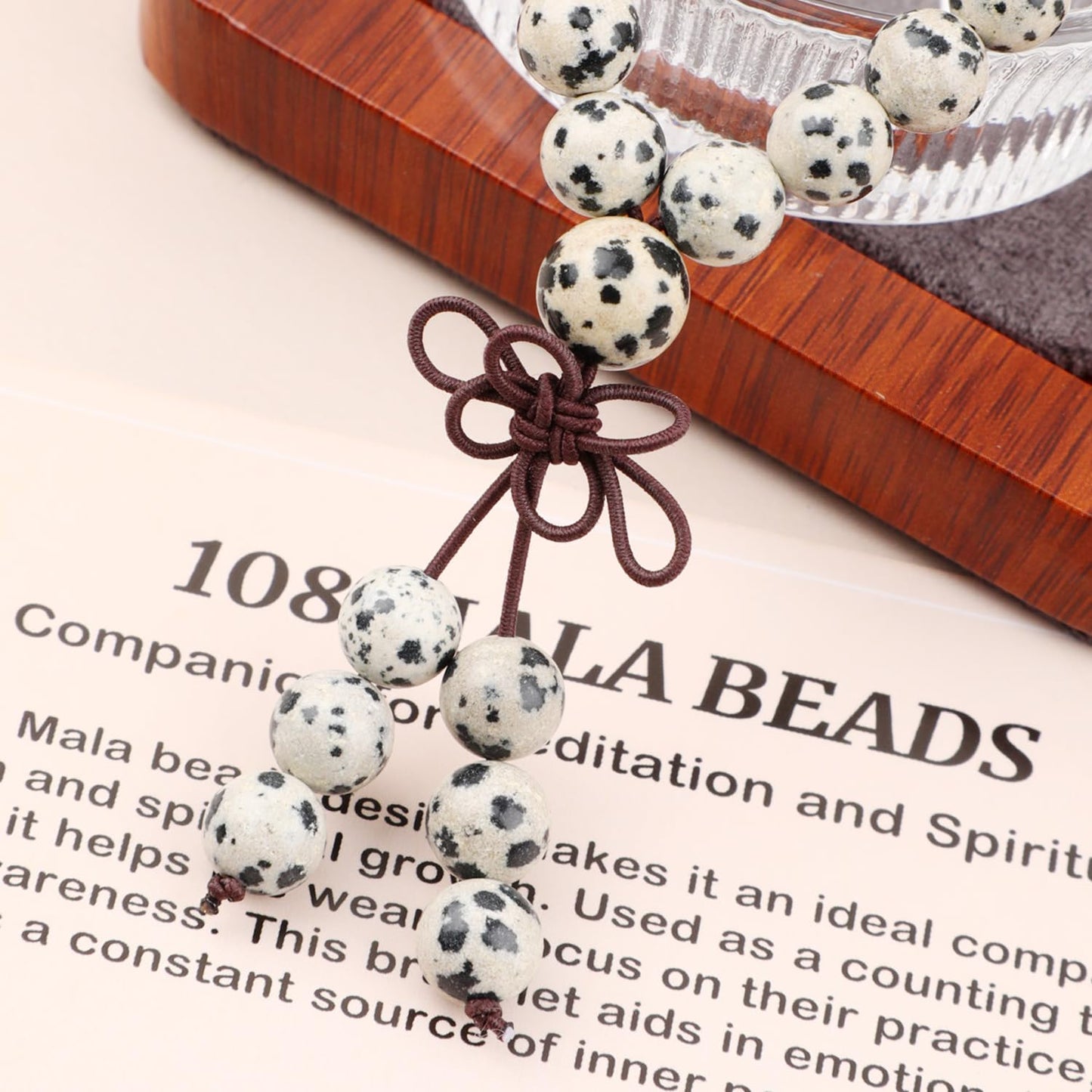 AD Beads 8mm 108 Prayer Mala Dalmatian Jasper Elastic Bracelet - Positivity - Handmade Yoga Meditation Healing Power Energy Gifts for Unisex Adult.