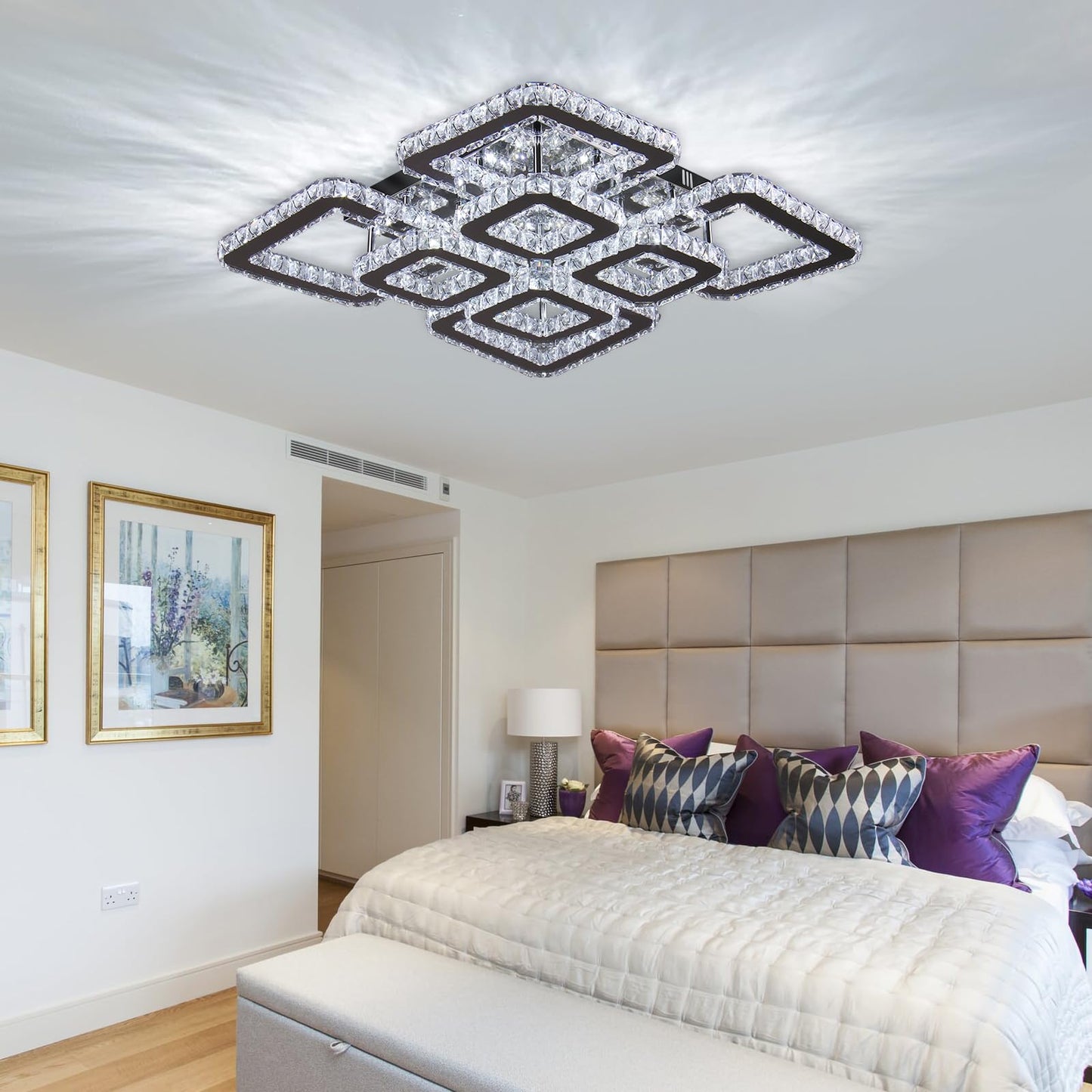 FRIXCHUR 20”Crystal Chandelier Square Led Crystal Flush Mount Ceiling Light 8 Lights Modern Crystal Ceiling Pendant Light Led Crystal Chandelier for Living Room Bedroom Cool White 6500K