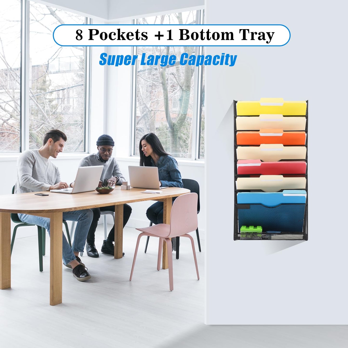 EASEPRES Desk File Organizer Mesh 9-Tier, Hanging Wall Mount Document Organization Stand, Desktop Vertical Mail Paper Folder Holder Rack with Bottom Tray for Office Home Cubicle Countertop, Black