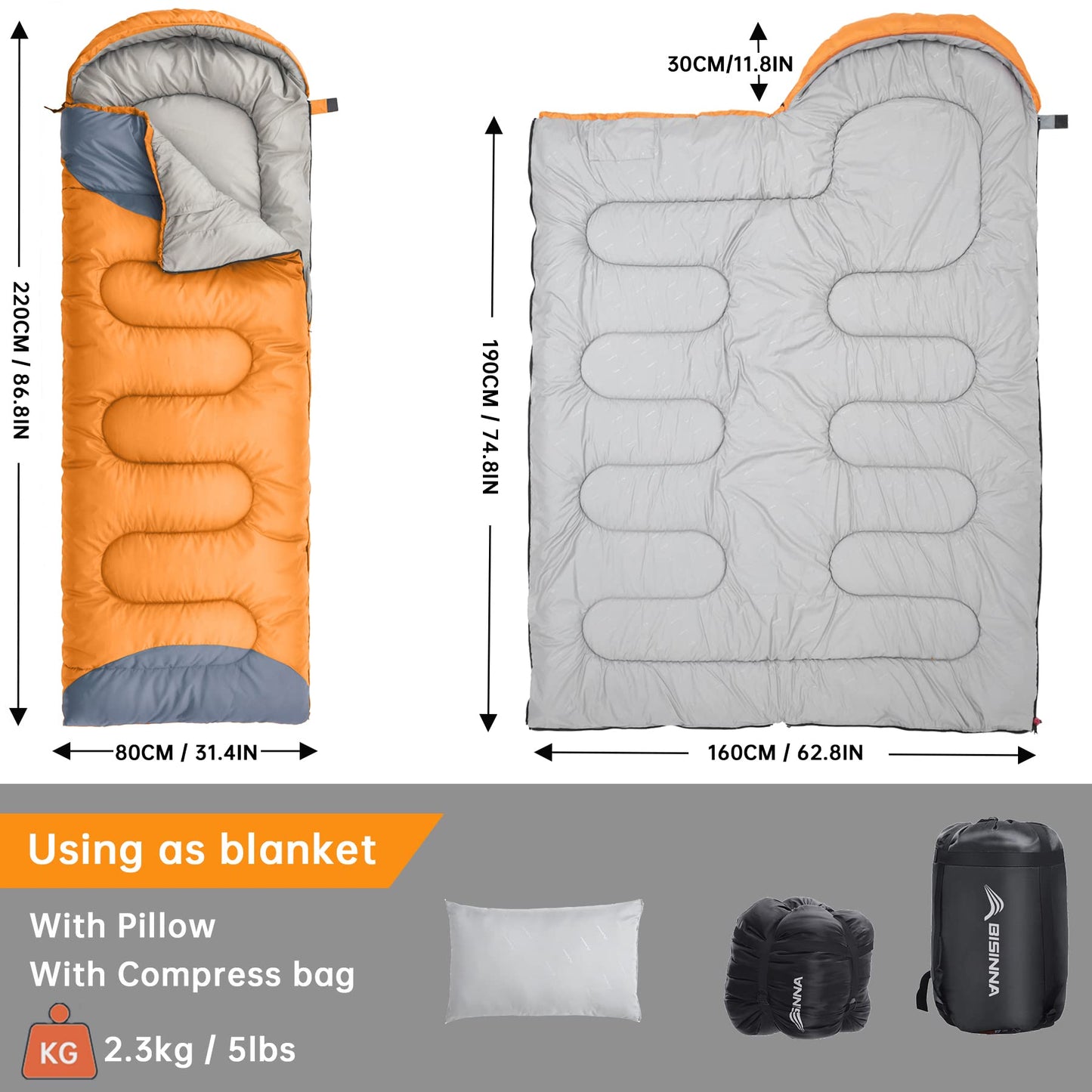 BISINNA 0 Degree Winter Sleeping Bags(480GSM) for Adults-Cold Weather Camping Sleeping Bag-Comfortable Warm Portable Sleeping Bags with Pillow Compression Sack for Backpacking Hiking Outdoor