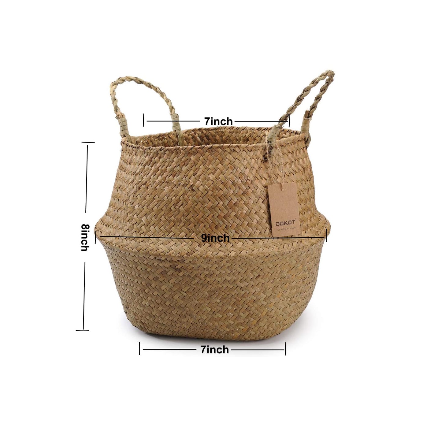 DOKOT Seagrass Plant Basket with Handles, Woven Storage Basket, 7inch Diameter x 8inch Height