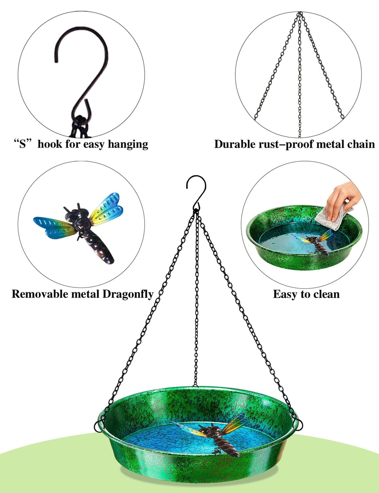 Hanging Bird Bath for Outside, 11.5” Metallic Green & Blue Metal Birdbath Bowl & Feeder with Black Chain Outdoor Garden Yard Decor