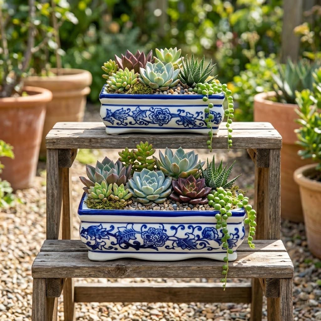 Set of 2 Blue & White Ceramic Bonsai Pots, 7.4" & 4.9" Rectangular Bonsai Planters Pots with Drainage for Outdoor Decor, Small Shallow Bonzie Tree Pot for Succulents, Cacti, Orchids, Herbs Plant Pot