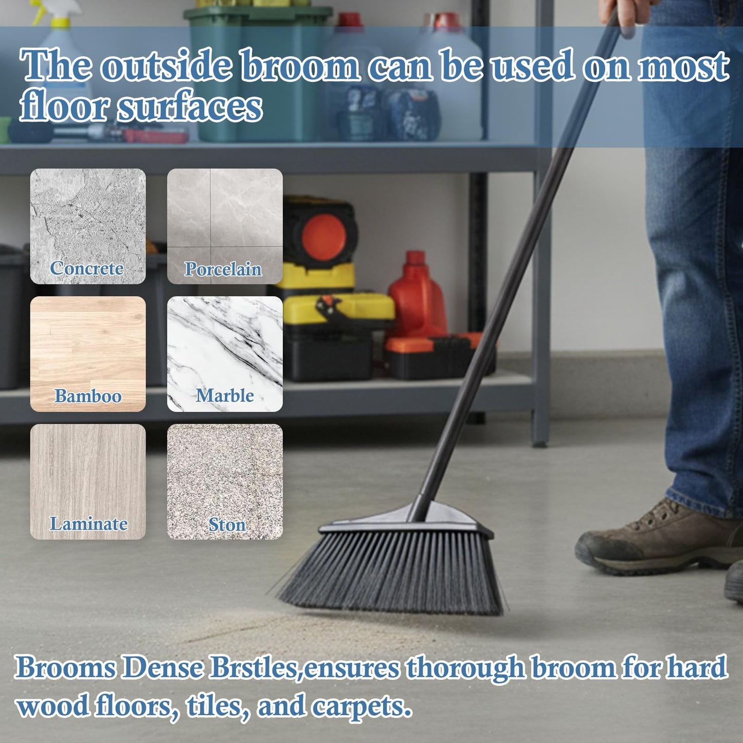 Primero Basics Black Broom for Floor Cleaning, 35" Heavy Duty Iron Handle Angled Broom with Stiff Bristles, Manual Sweeper for Kitchen, Apartment, RV, Small Spaces, Indoor Outdoor Use, 2 Pack