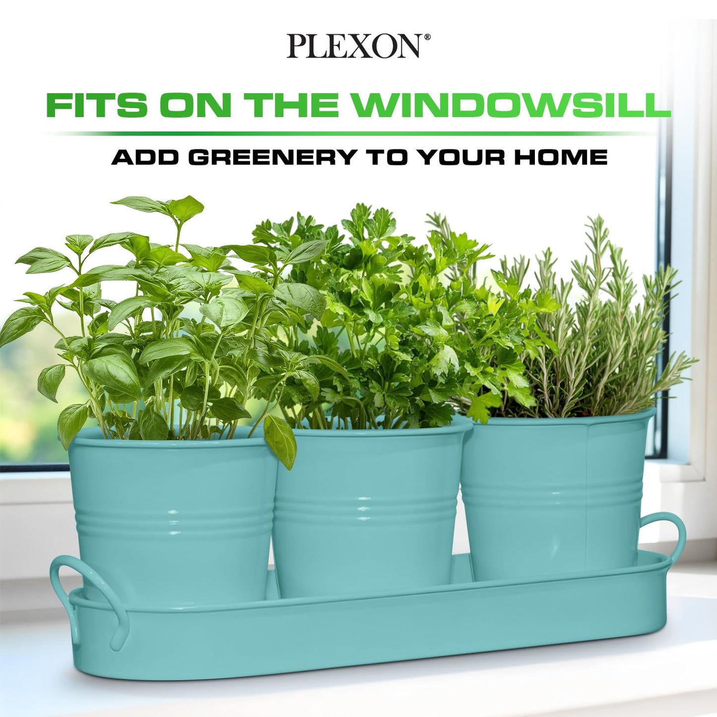Plexon Herb Planter Indoor Garden Set of 3 with Tray, Metal Herb Pots for Indoor Plants, Round Kitchen Garden Kit Ideal for Windowsill Planter or Countertop, Aqua Mist Blue Powder Coated