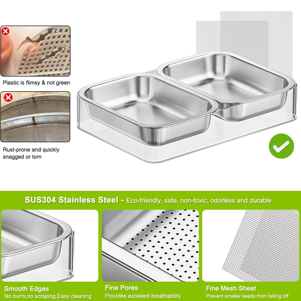 FANHAO Upgraded Visual Seed Sprouter Tray, Stainless Steel Soil-Free Cultivation Germination Tray with Acrylic Base, Healthy Microgreens Growing Kit for Indoors Sprouting Seeds, Grow Grass, Beans