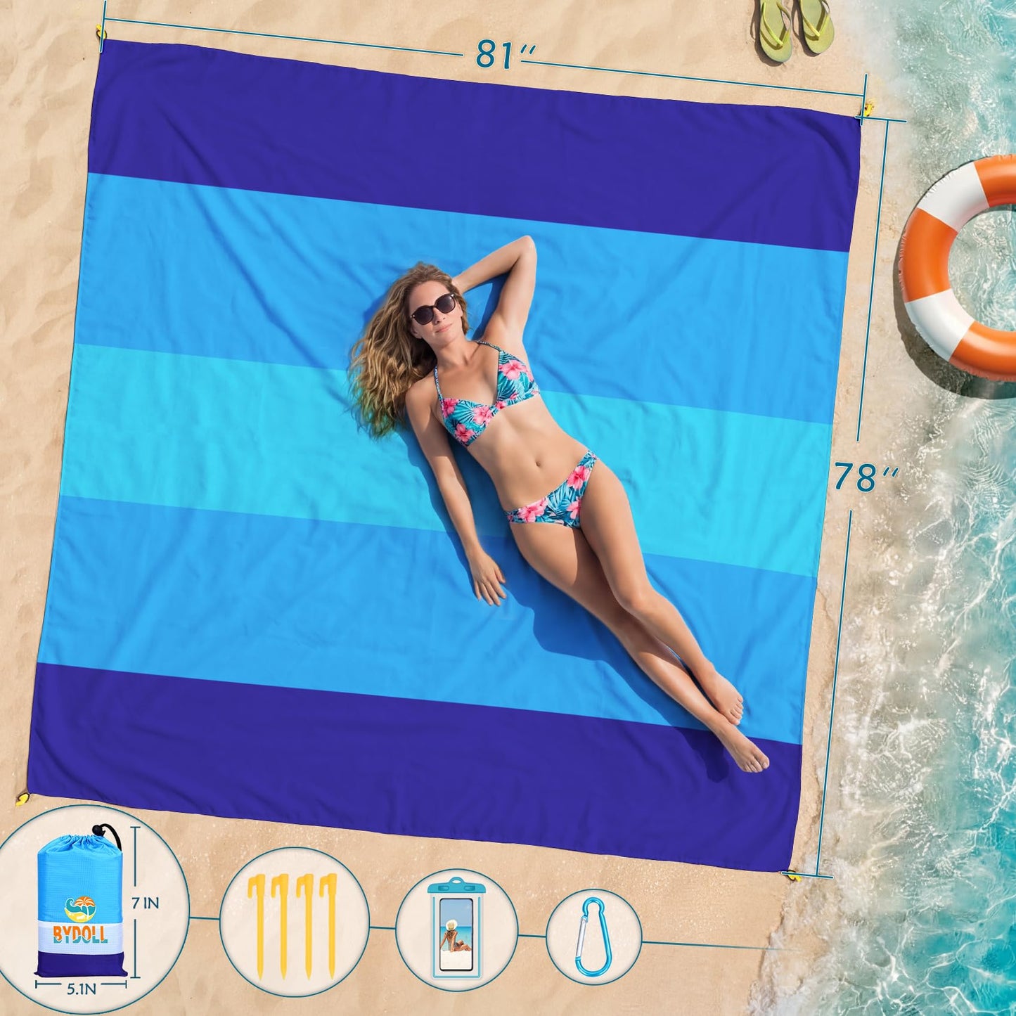 BYDOLL Beach Blanket 78''×81'' 4-7 Adults Oversized Lightweight Waterproof Sandproof Beach Blanket Large Picnic Mat for Travel Camping Hiking Picnic(78" X 81", Blue-Mixed)