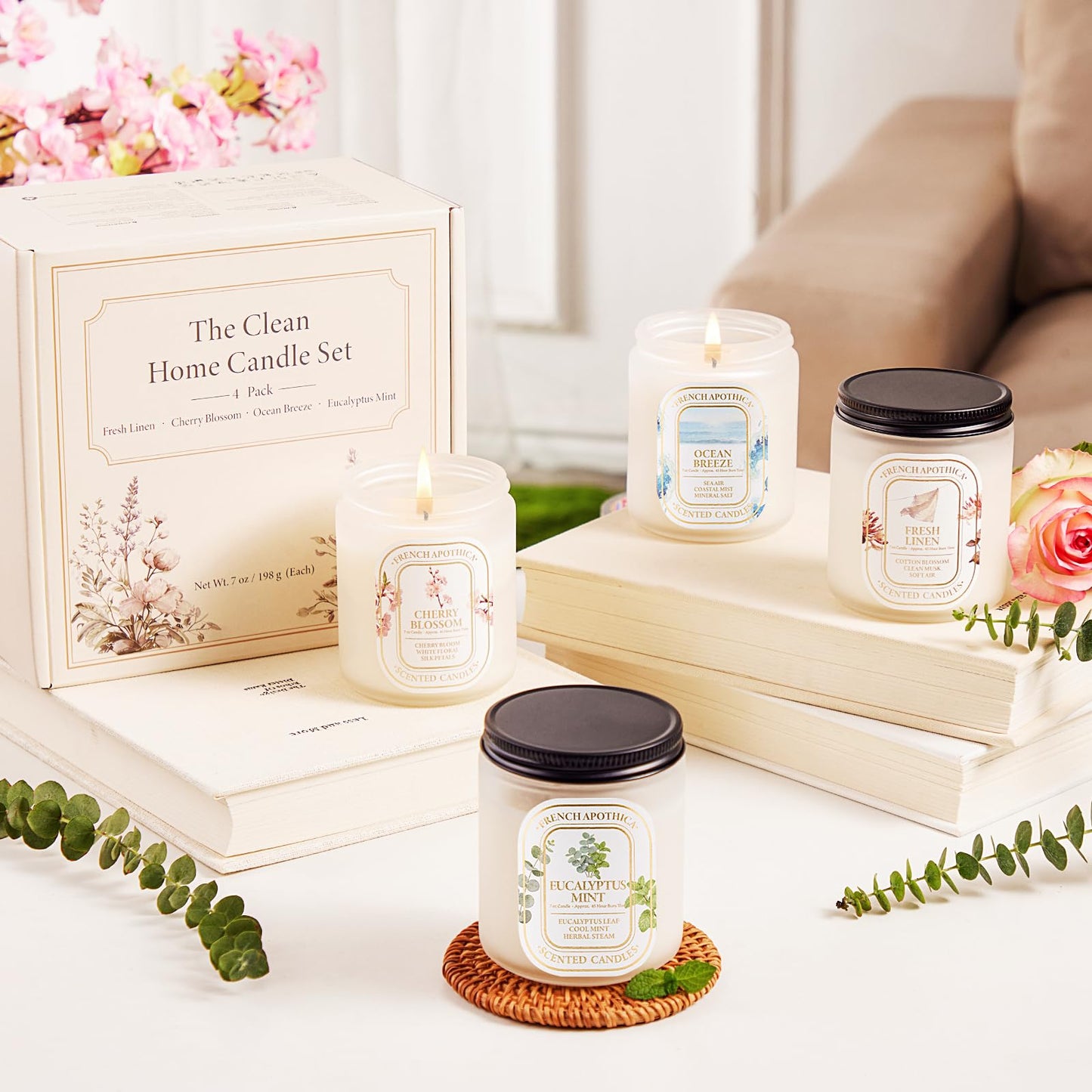 Scented Candle Gift Set, 4 Pack 7oz Natural Soy Wax Aromatherapy Candles, Fresh Linen, Ocean Breeze, Cherry Blossom, Eucalyptus Mint, Ideal Gifts for Women