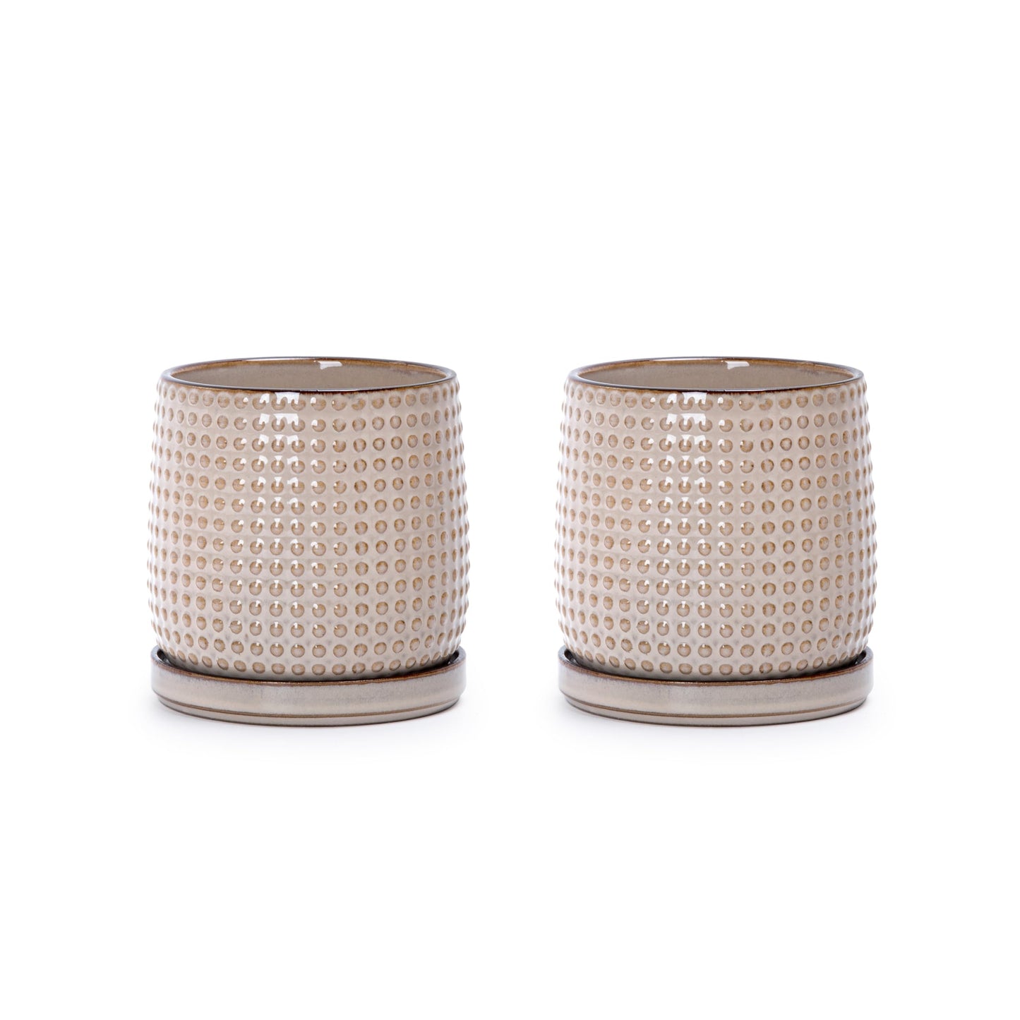 D'vine Dev Set of 2 Ceramic Plants Pots, 4 Inch Beaded Stoneware Flower Pot for Plants with Drainage Hole and Saucer, Light Brown, 27-E-Z-4