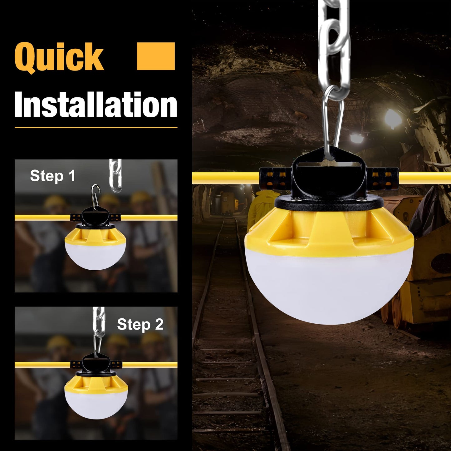 G GJIA 100FT Construction String Lights, IP65 Waterproof ETL Certified LED String Work Lights, 5000K Daylight 18AWG Wire Linkable Temporary Construction Lighting for Jobsite with 10 Bulbs & Hooks