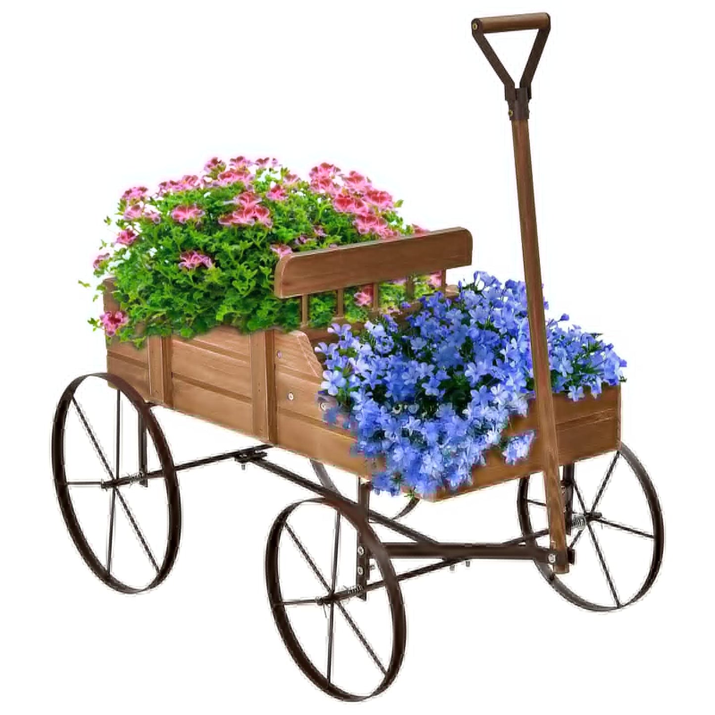 Goplus Wagon Planter, Decorative Wooden Garden Planter with Wheels, 2 Planting Sections and Adjustable Handle, Indoor Outdoor Backyard Balcony Decor (Brown)