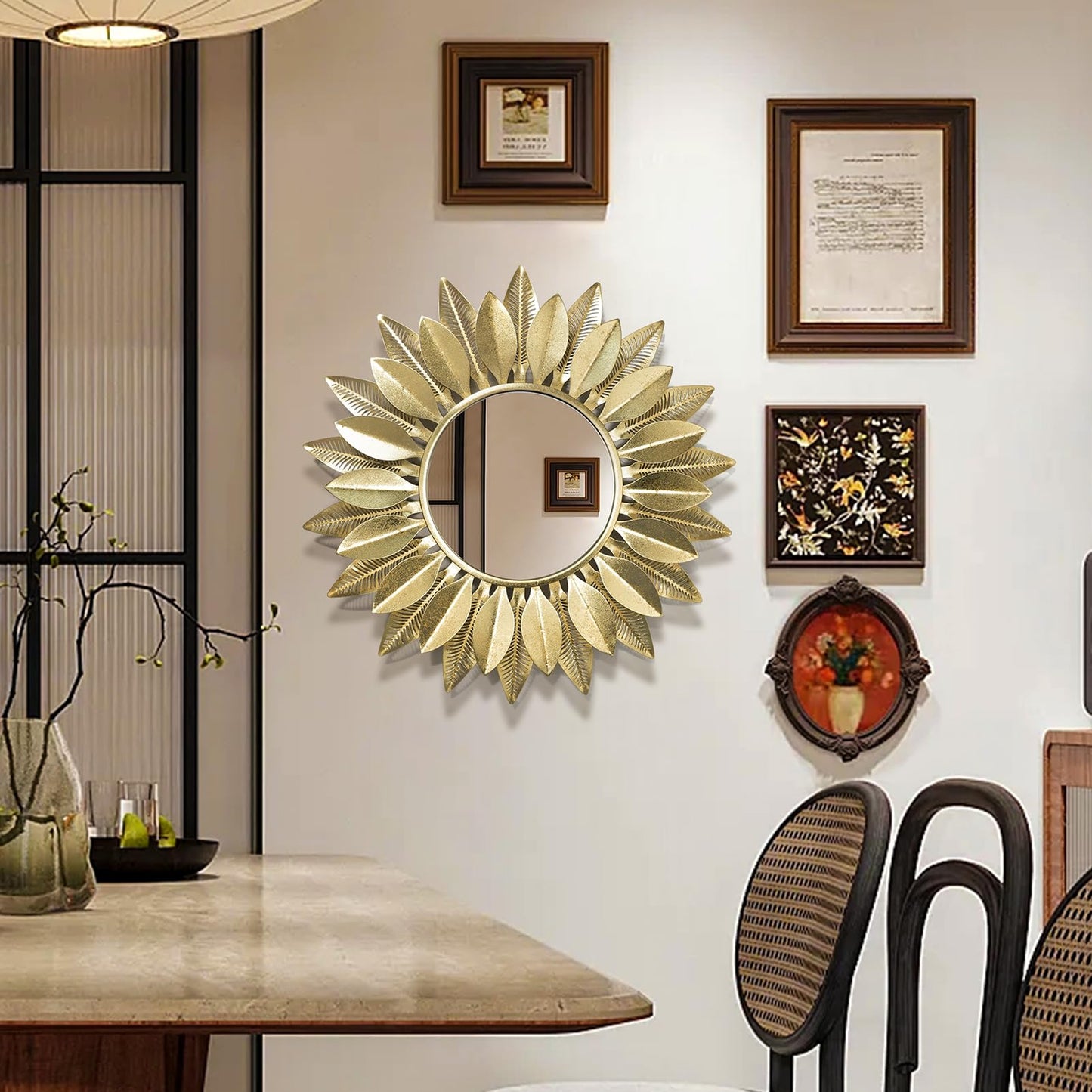 HEBOIX 24" Gold Sunburst Decorative Wall Mirror – Handmade Flower Design, Luxury Round Accent Mirror Boho Wall Decor for Bedroom,Entryway, Dining Room & Kitchen