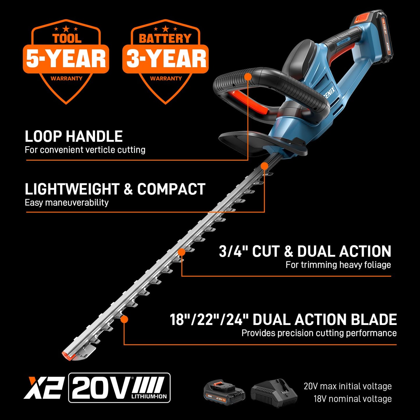 SENIX X2 20 Volt Max* 3-Piece Cordless Power Tool Combo Kit with Battery Powered 10" String Trimmer, Variable Speed Leaf Blower, 21" Hedge Trimmer, Includes 2 Batteries & Battery Charger (S2K3B2-01)