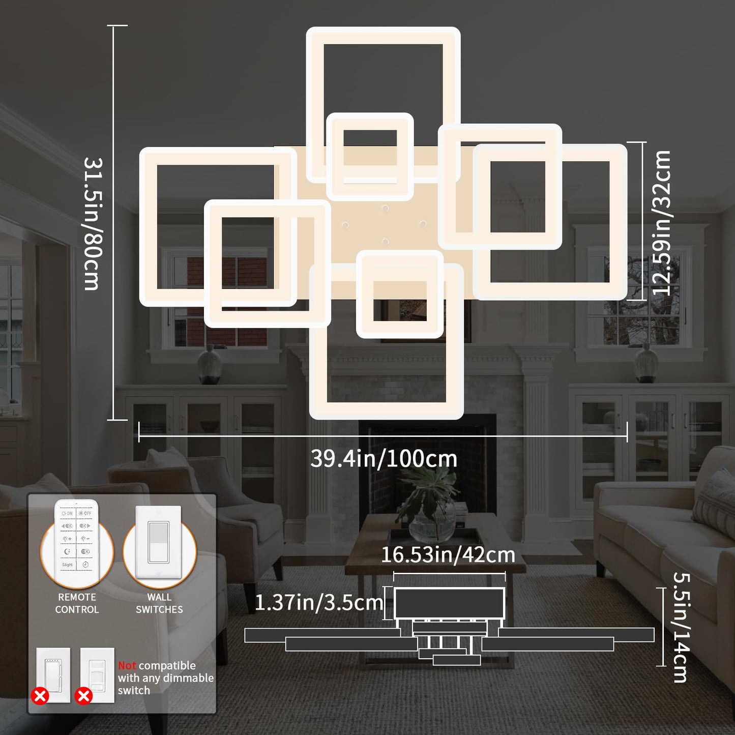 Shine LUEST Modern Ceiling Light, 39.4'' Dimmable LED White Flush Mount Ceiling Lights with Remote Acrylic Round Ceiling Lamp Fixture for Low Ceiling Bedroom Living Room Dining Room, 100W