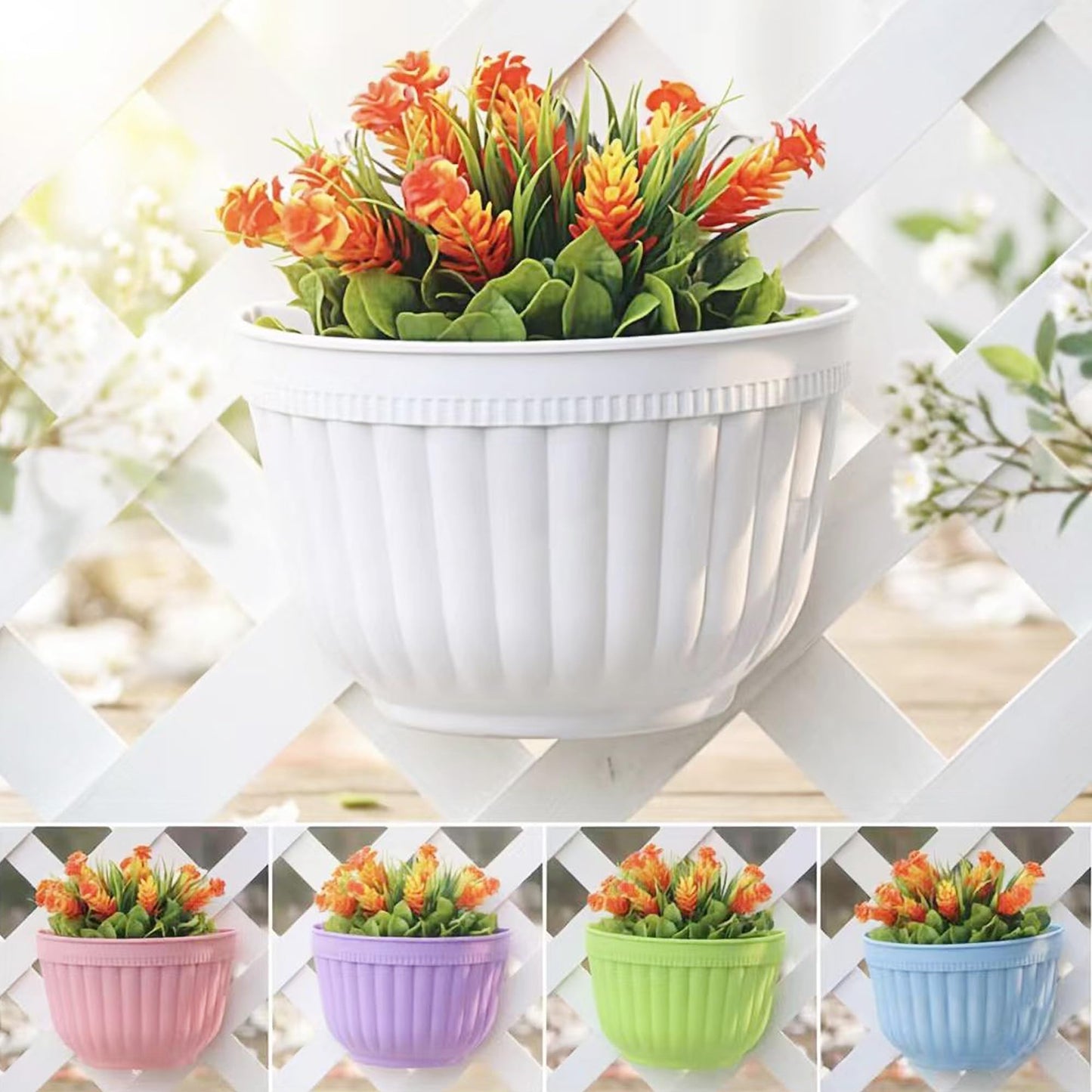 2 Pack White Plastic Wall Hanging Planters for Indoor Plants Wall Hanging Plant Holder with Drainage Hole Balcony Planters Railing Hanging Pot Fence Vertical Living Wall Mount Decor with Hooks