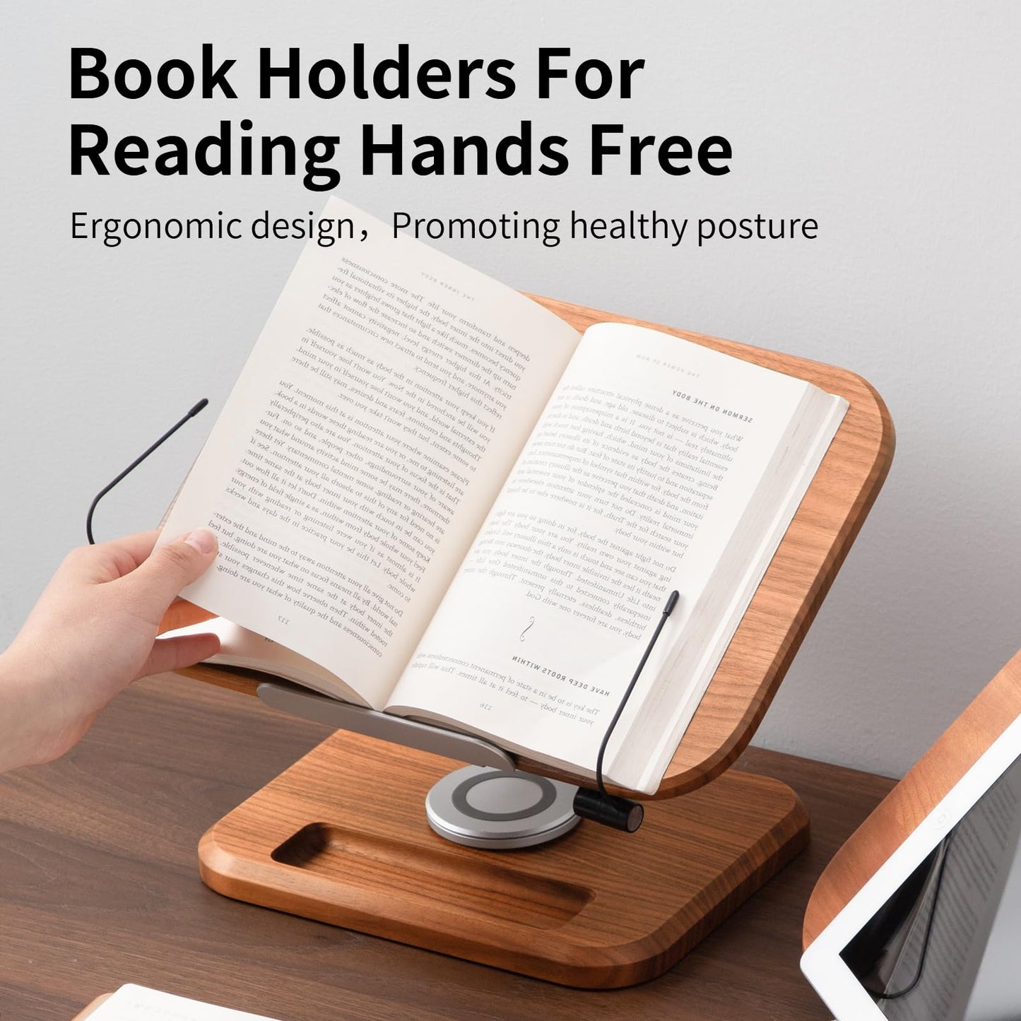 Book Stand for Reading, Mayhas Adjustable Book Holder with 360° Swivel Base&Page Clips, Foldable Desktop Stand for Cookbook, Fits All Books (Cherry Wood, Wood Base)