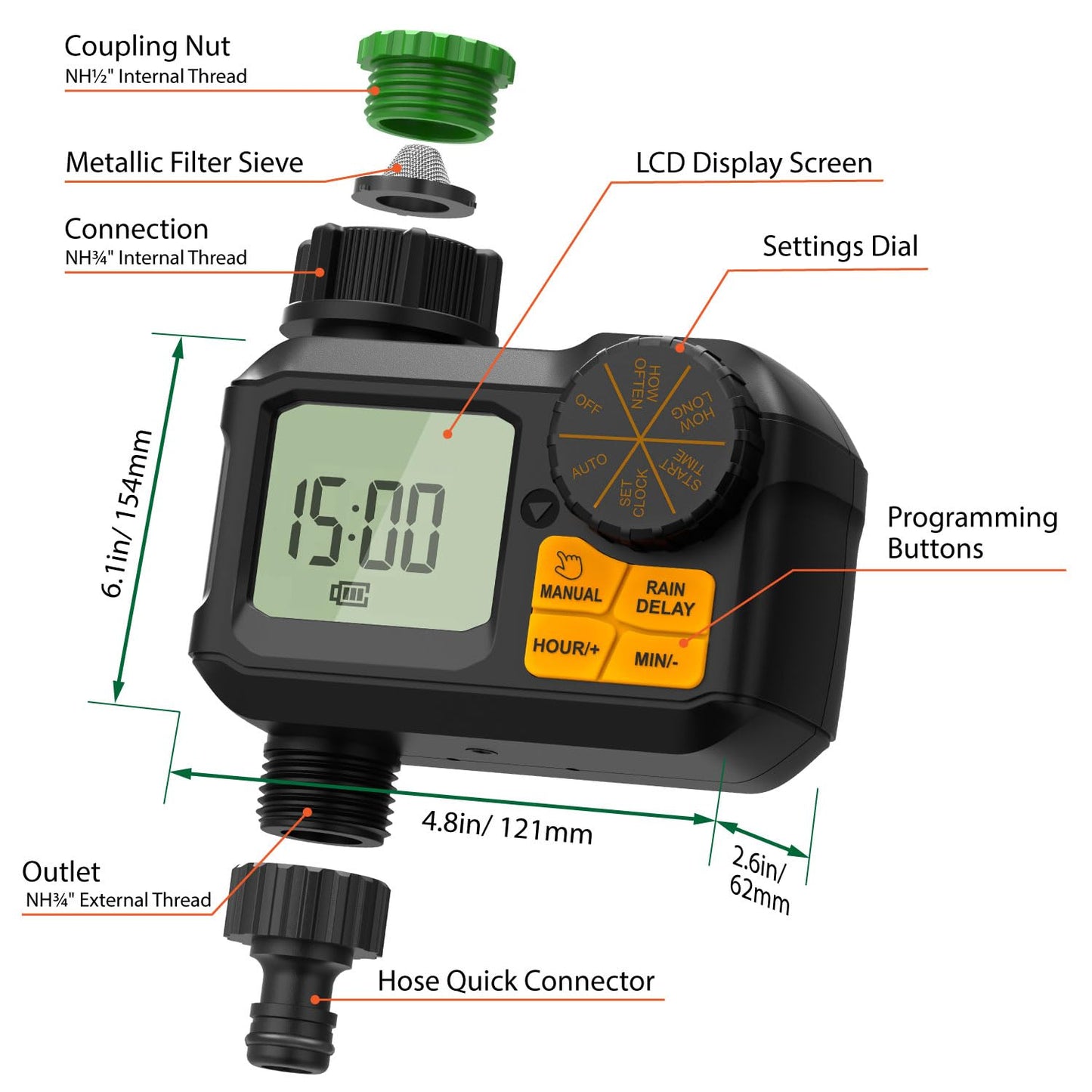 Garnen Sprinkler Timer, Garden Water Hose Faucet Timer, 1 min-7 Days Programmable with Rain Delay/Manual/Automatic Watering Controller System, Digital Drip Irrigation for Yard, Lawn, 1 Outlet