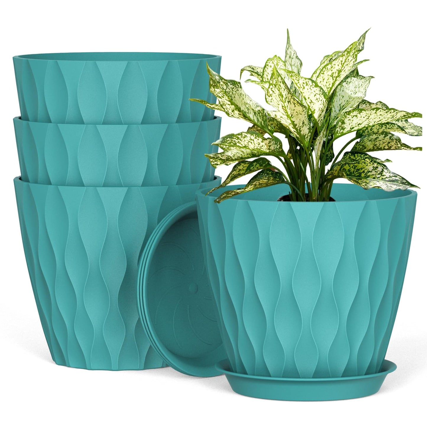 UOUZ 8 Inch Plant Pots, 4 Pack Plastic Planters for Indoor Outdoor with Drainage Holes & Saucers, Waffle Texture Flower Pots for Indoor Plants, Indoor Plant Pots for Monstera, Fiddle Leaf Fig Blue