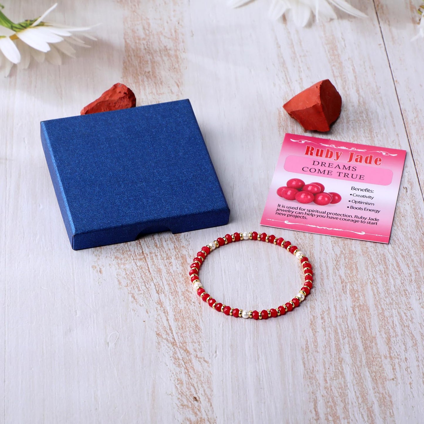 QOGIR Ruby Jade - Dreams Come True - 14K Gold Plated Beads Gemstone Stretch Elastic Dainty Healing Beaded Bracelets Gifts 2x4mm
