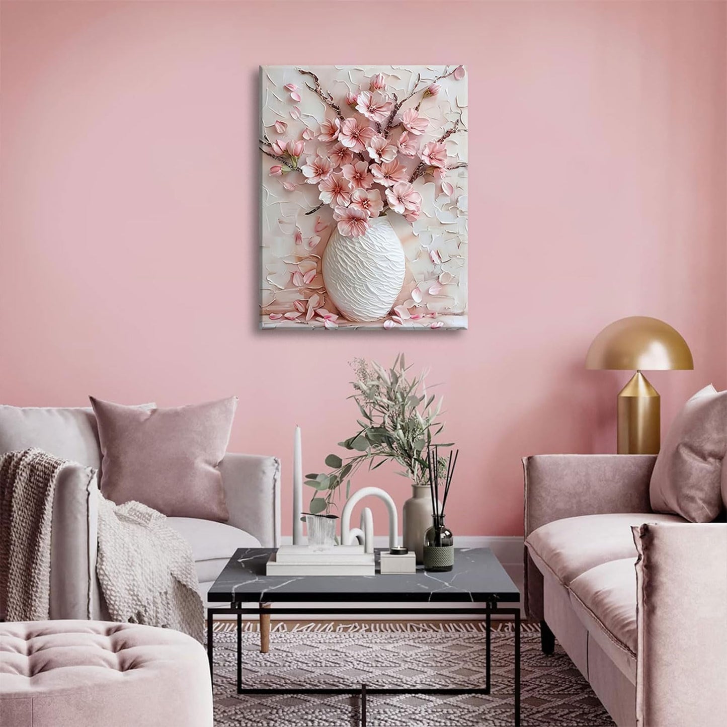 Pink Floral Canvas Wall Art sakura Flowers Botanical painting Decor Pictures Cherry blossoms Posters Prints for Living Room Classroom Bedroom office corridor bathroom Decoration