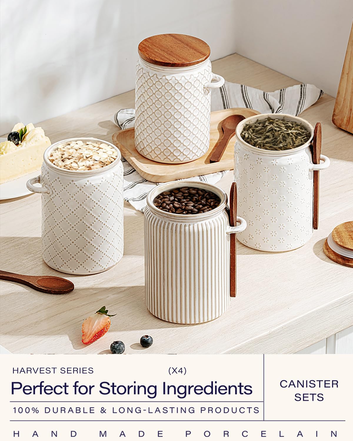 getstar Small Canisters Sets for the Kitchen, 20 oz Sugar Coffee Tea Storage Containers, Ceramic Kitchen Canisters for Countertop Set of 4 with Airtight Lids and Teaspoons