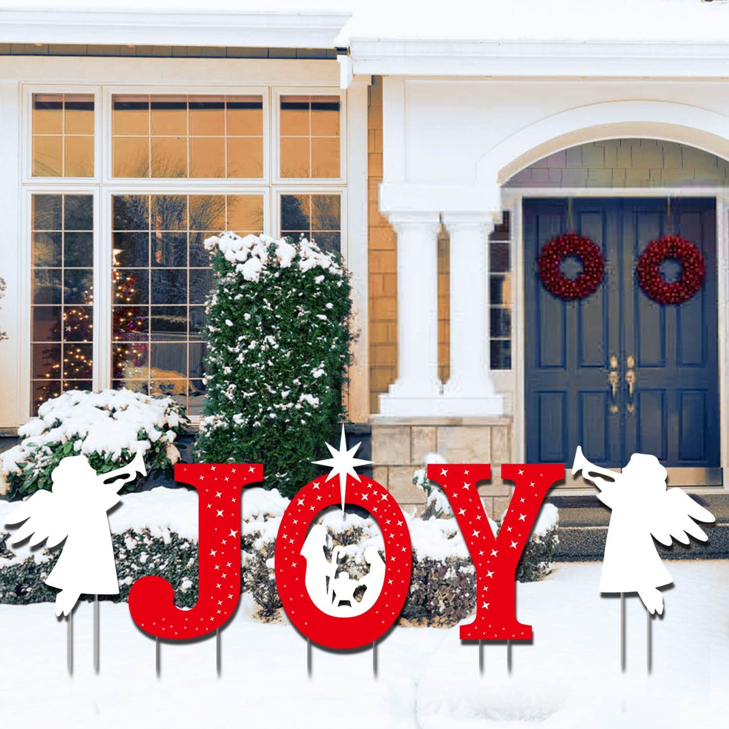 Outdoor Christmas Decorations -Joy Nativity Sets for Christmas Outdoor Xmas Nativity Lawn Religious Scenes Yard Decor with Stake for Home Lawn Pathway Walkway, Red, White