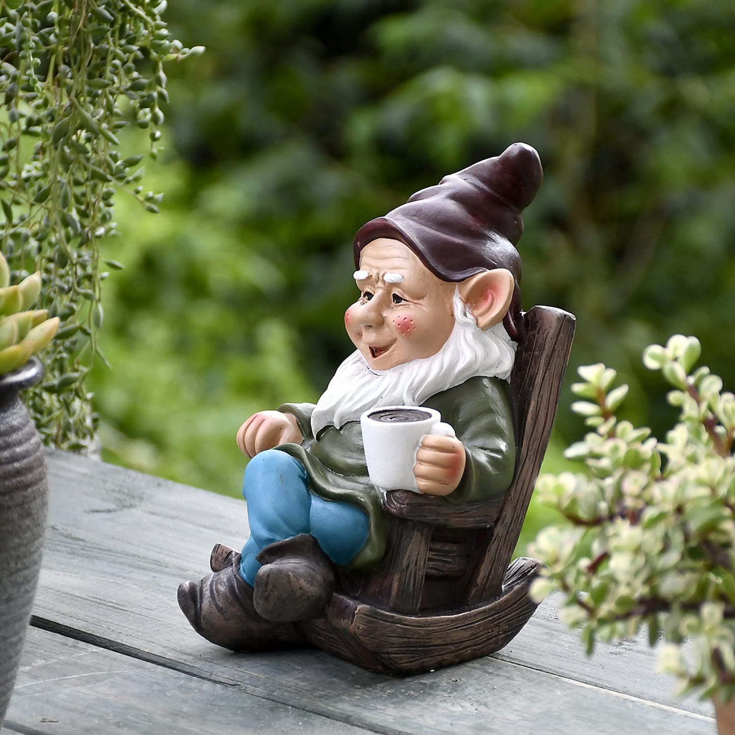 OwMell Gnome Statue for Garden, Drinking Gnome Figurine Ornament for Outdoor Patio Yard Lawn Decor 7" - Coffee