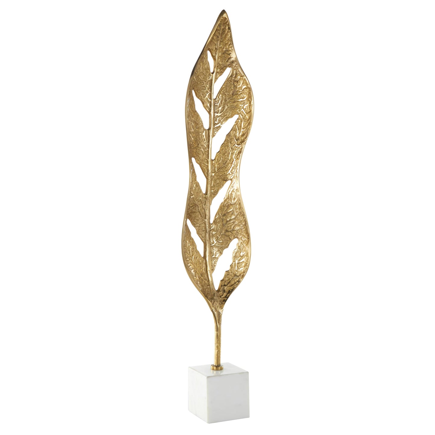 Deco 79 Aluminum Metal Leaf Decorative Sculpture Tall Textured Cutout Home Decor Statue with White Marble Base, Accent Figurine 7" x 4" x 35", Gold