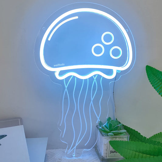 welltodo Jellyfish Neon Signs,Cool Ice Blue Neon Sign for Wall Décor, LED Neon Light Sign for Girls Bedroom Ocean Display Room,Kids Birthday Gift, Wedding Party, Holiday Decoration Powered by USB
