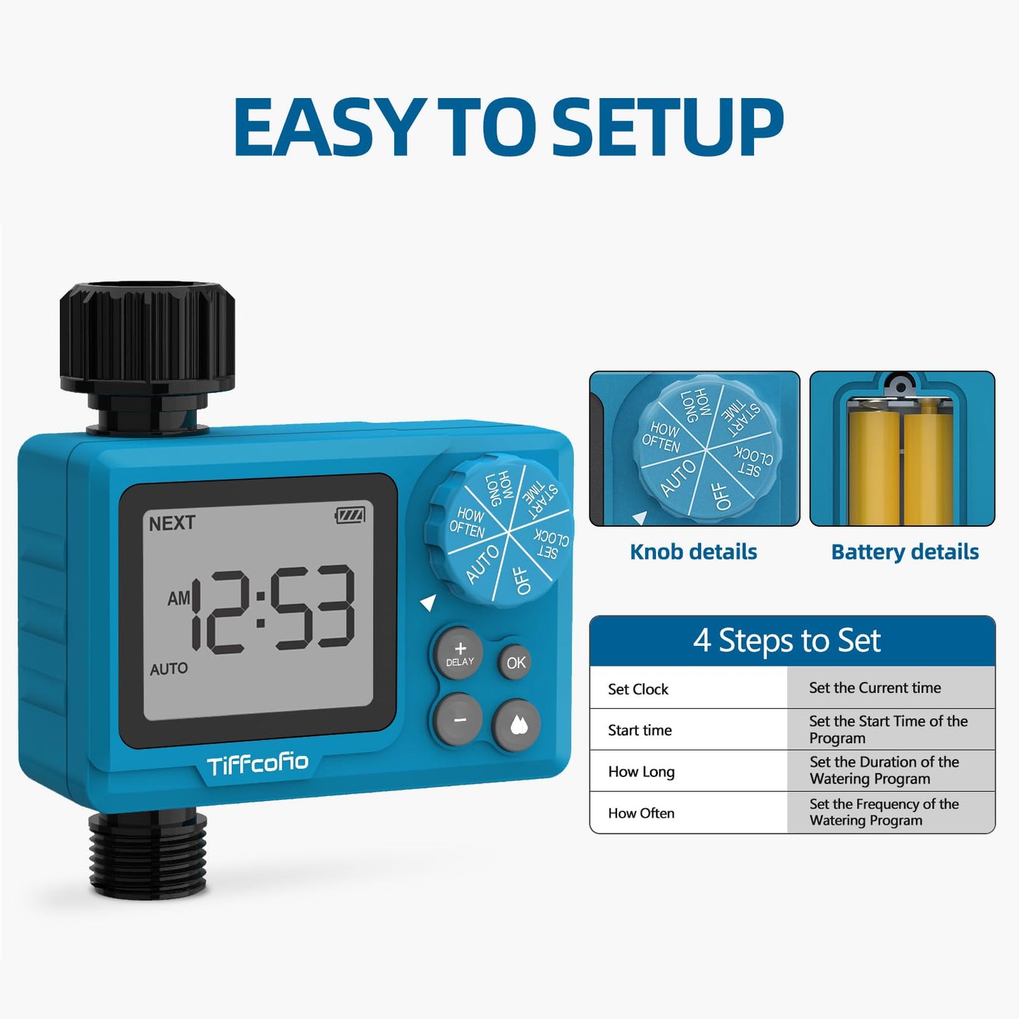 TiFFCOFiO Sprinkler Timer Outdoor, Digital Programmable for Garden Hose, Irrigrtion Timer with Rain Delay and Manual Mode (1 Pack)