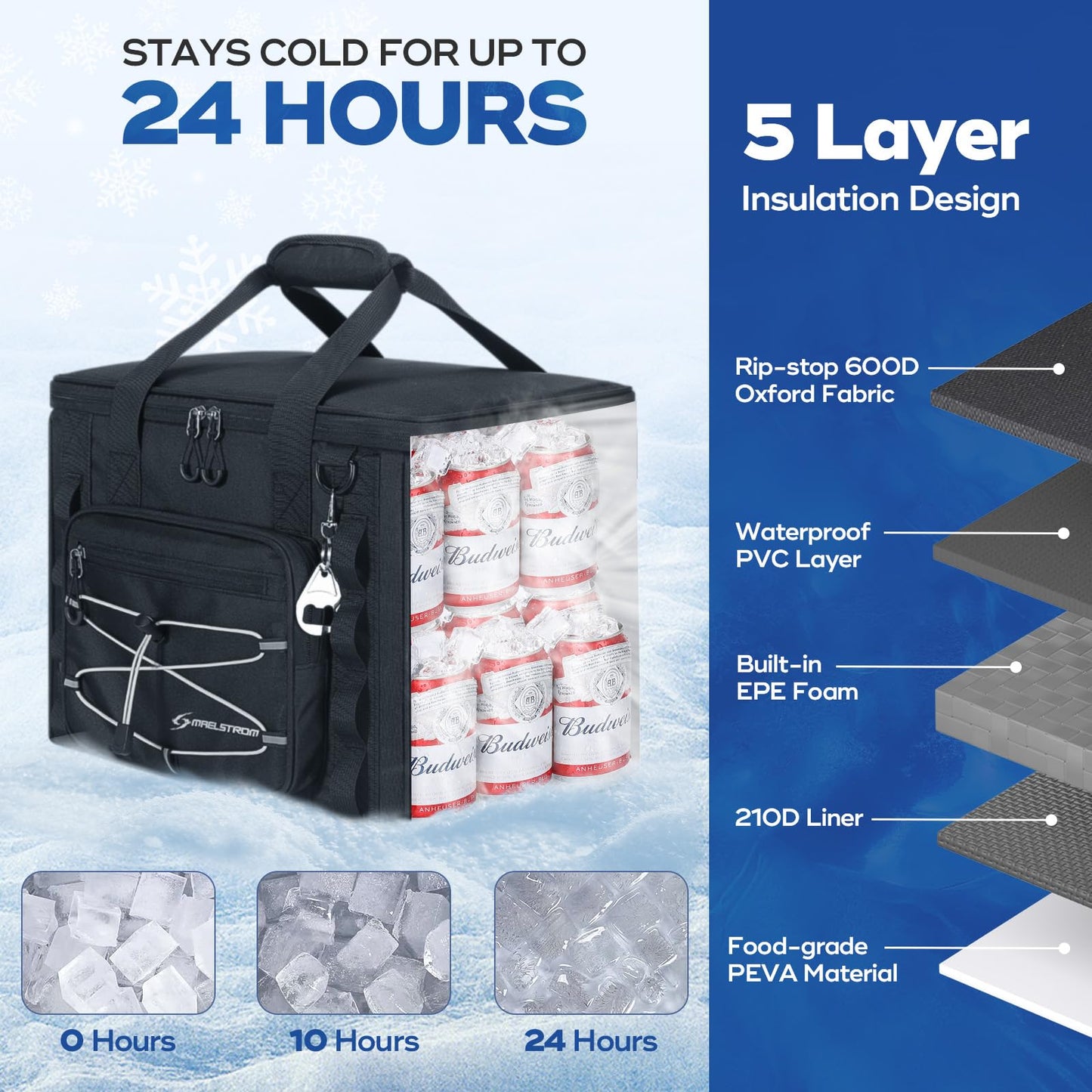 Maelstrom Soft Sided Cooler Bag, 30/40 Can Collapsible Insulated Ice Chest, Large Leakproof Portable Storage for Camping, Travel, Kayaking & Beach (1.Black, 30 Can)