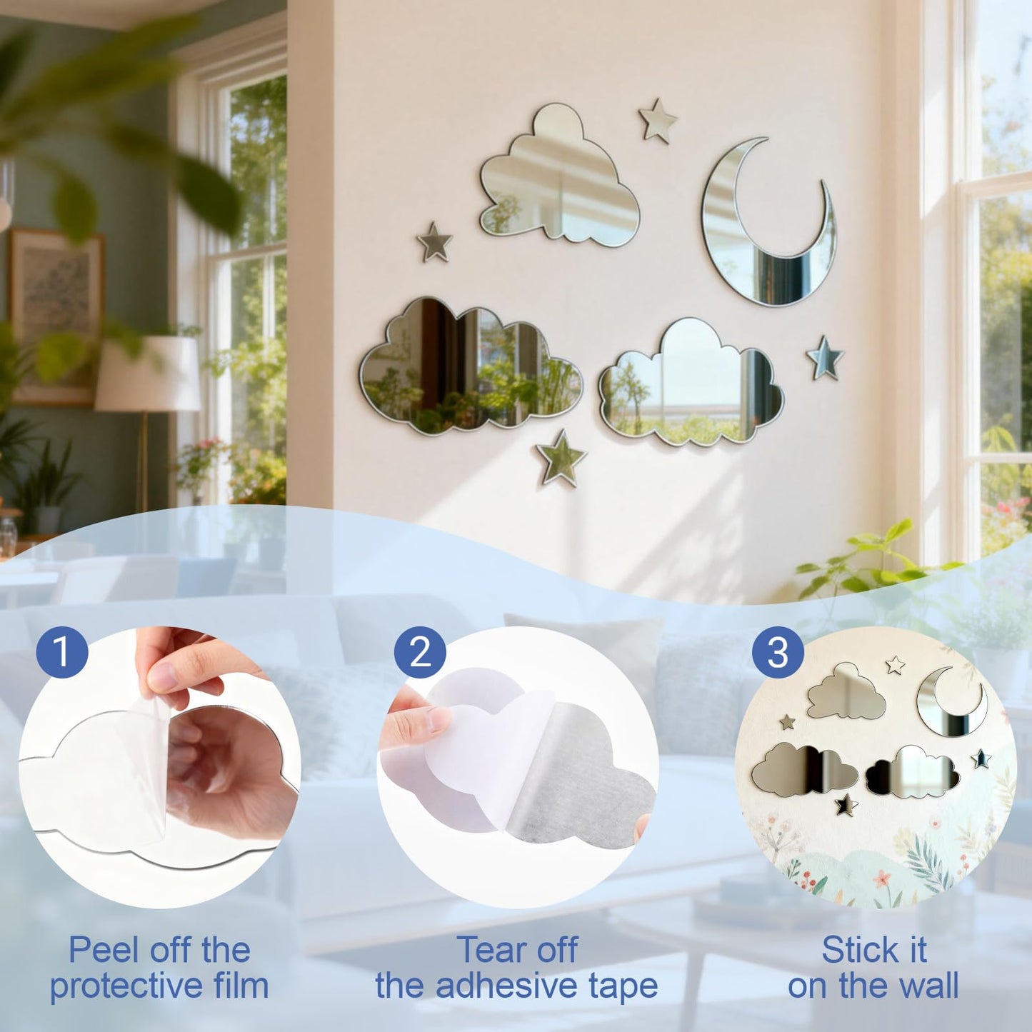 3D Moon Cloud Mirror Wall Decor Acrylic Mirror Stickers Self Adhesive Decorative Moon Star Cloud Wall Decals for Baby Kids Children's Living Room Bedroom Nursery Wall Decor