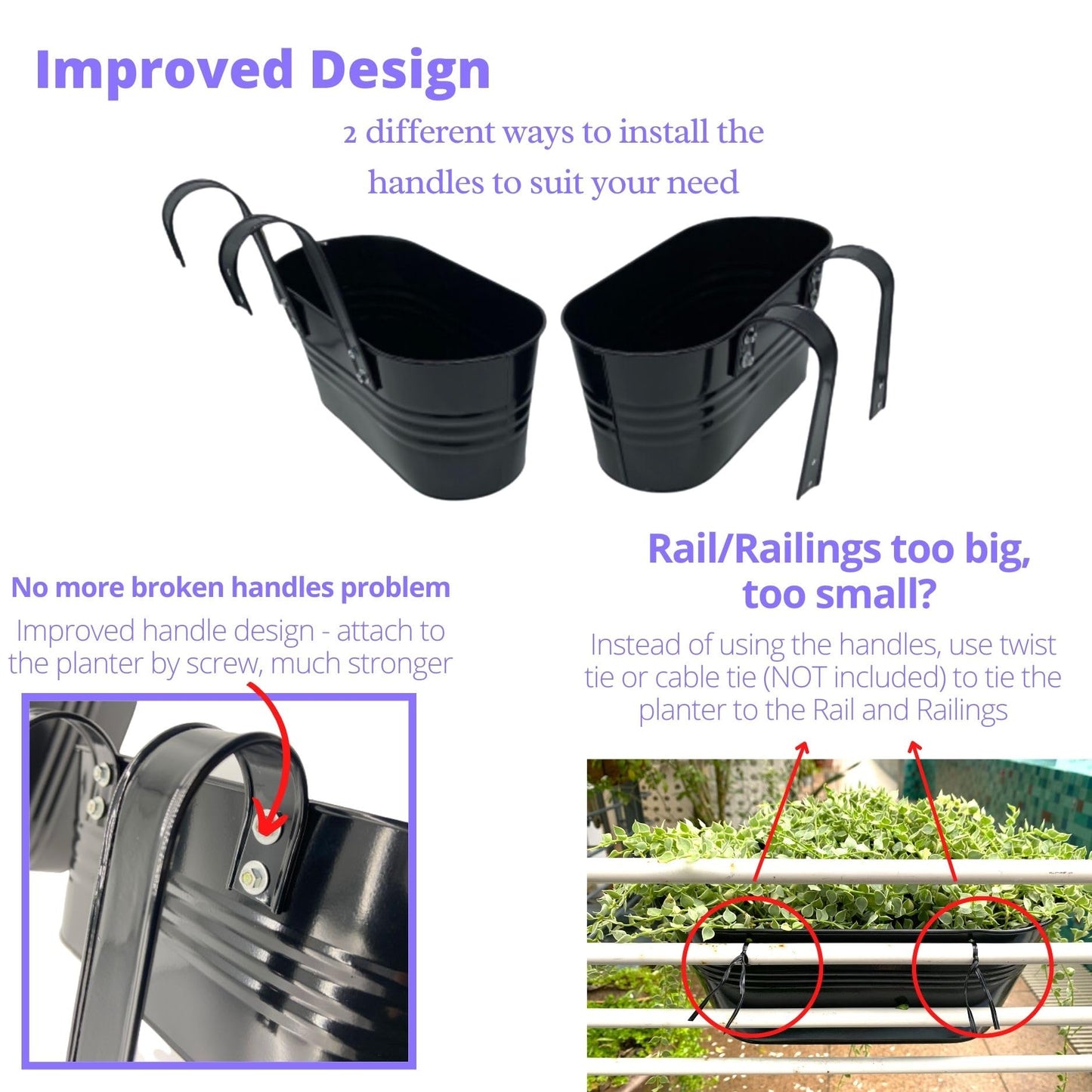 LaLaGreen Outdoor Plants Rail Planter (11.2 Inch, 10 Pack) Black Metal Iron Hanging Flower Pots Deck Railings Fence Buckets Modern Boho Style Wall Mount Window Box Plant Holder Hooks Porch Home Decor