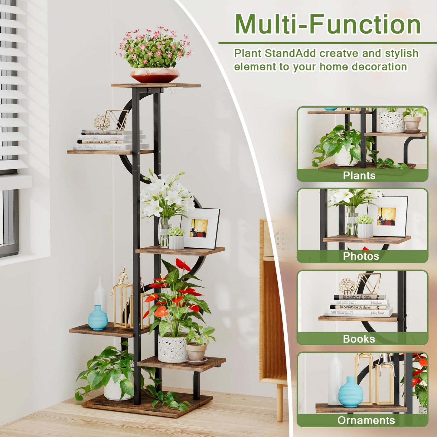 REFGY 6-Tier Tall Plant Stand with Hanging Hook, Multi-Tiered Vertical Flower Pot Holder for Indoor Outdoor, Heavy Duty Metal Plant Shelf for Corner, Living Room, Balcony, Patio, Rustic Brown