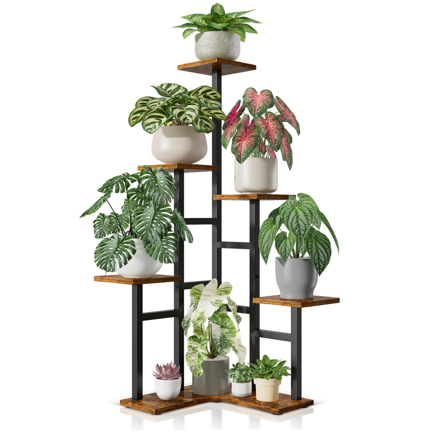 NQW 5 Tier Corner Plant Stand Indoor Wood, Metal Plant Shelf Outdoor, Tall Plant Stands Plant Tables Indoor Plant Rack Tiered Plant Stand Garden Accessories for Balcony Patio -BlackSquare