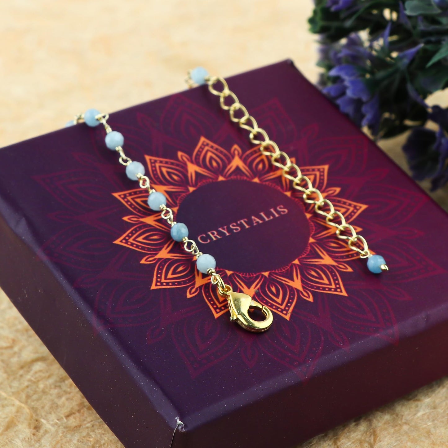 JOR Natural Aquamarine Beaded Rosary Anklet, Handmade Craft, Anklet Beads Bracelet, Chakra Healing Anklet, Gemstone Women Jewelry, Dainty Gold Plated Anklet 9 inch + 1.5 inch (1pcs)