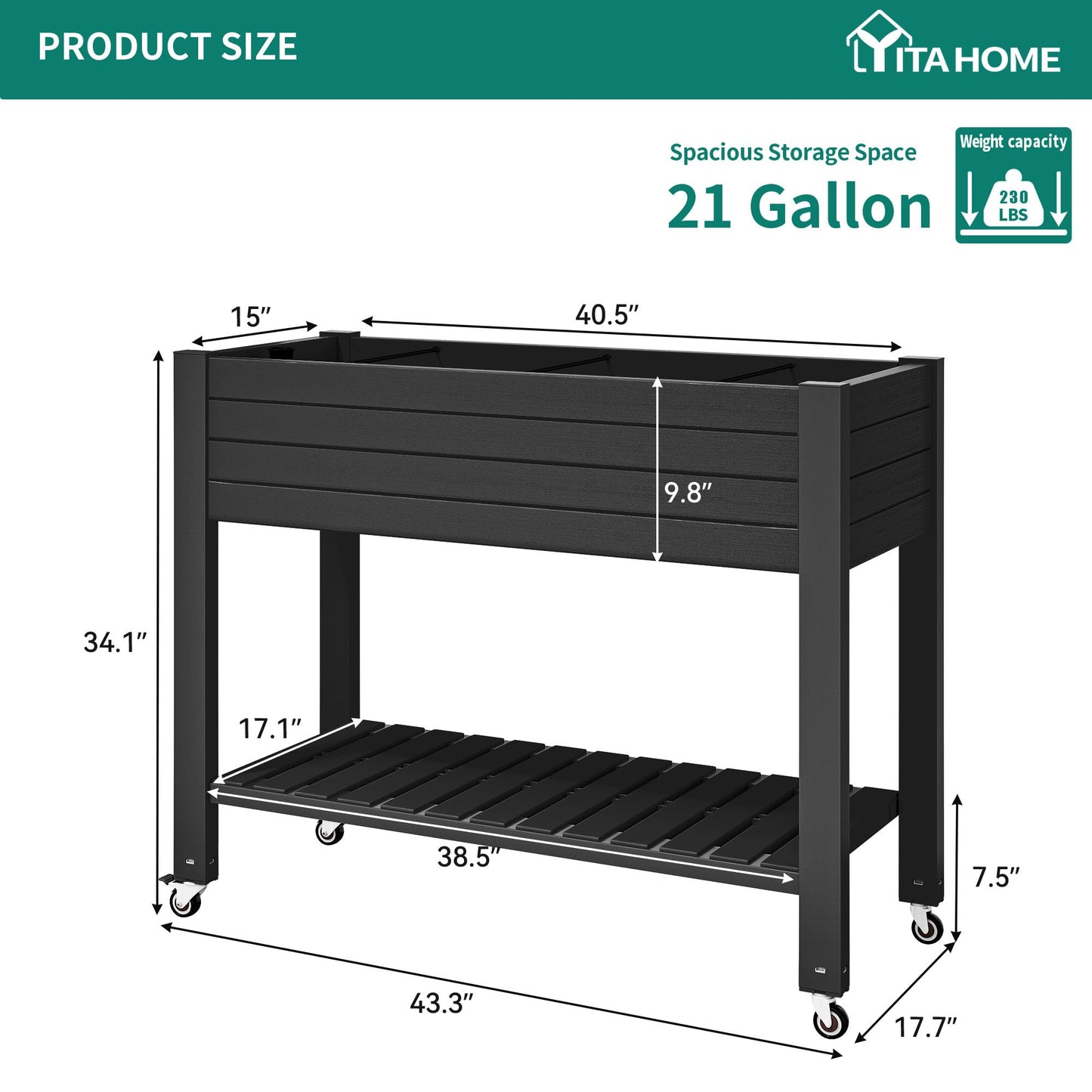 YITAHOME 43.3x17.7x34 in Elevated Garden Bed, Outdoor Plastic Planter Box with Wheels, Legs, Drain Plug, and Storage Shelf for Plants, Vegetables, Flowers, Herbs, Black
