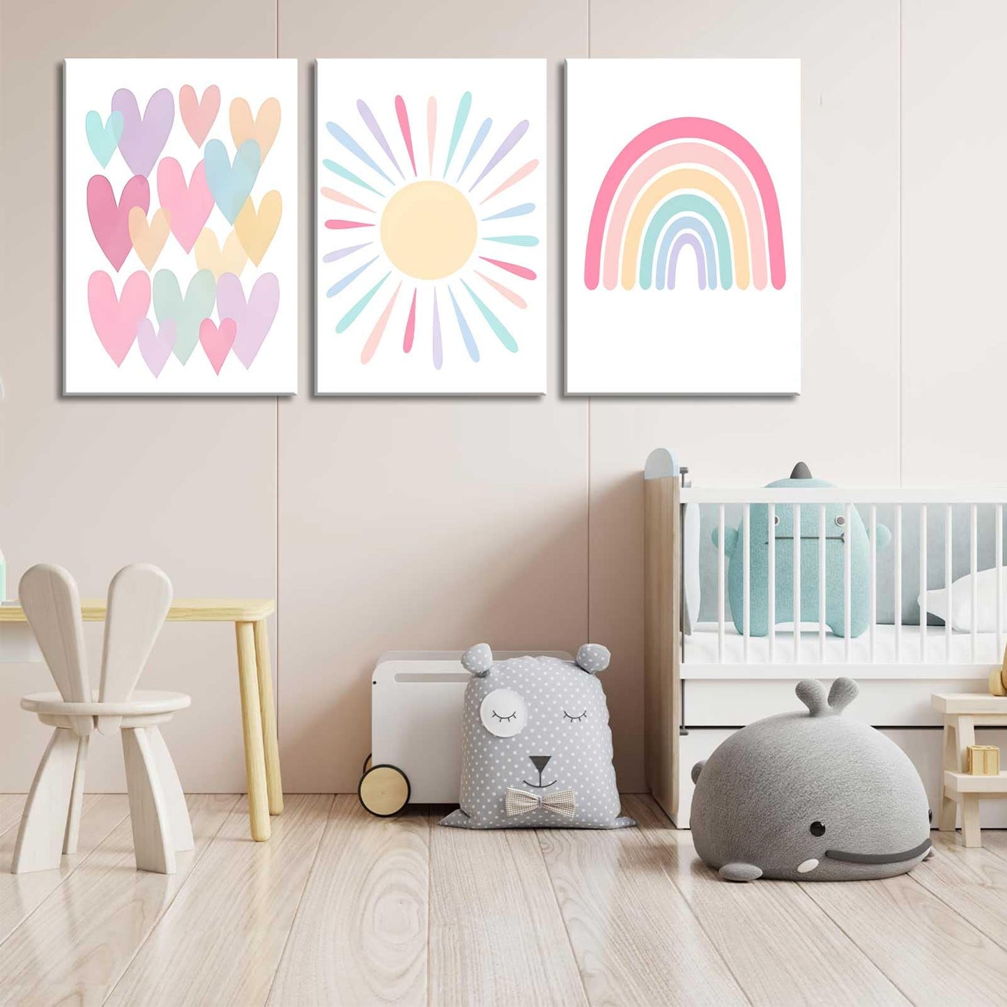 RCJARTI 3Pcs Pink Nursery Canvas Wall Art Rainbow Poster Kids Bedroom Baby Girls Toddler Pastel Wall Decor Prints Sun Boho Pink Sunshine Painting for Classroom School Nursery Decoration 12x16in