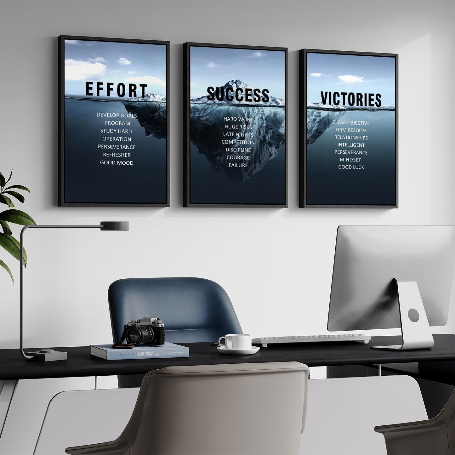 Framed Motivational Wall Art for Office Decor, Set of 3 Inspirational Modern Iceberg Canvas Wall Art Prints, Navy Blue Effort Success Victory Quotes for Home Office Gym Wall Decor, 16x24