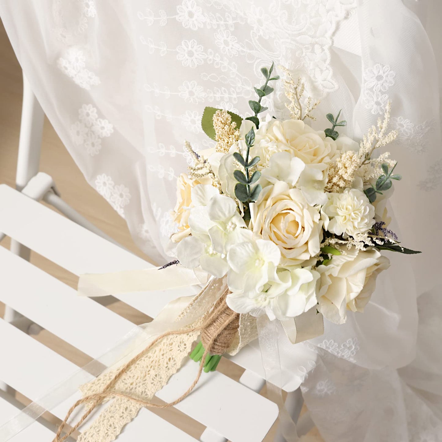 CEWOR Wedding Bouquets for Bride Bridesmaid, White Champagne Artificial Roses Flowers Wedding Decoration (7.5in)