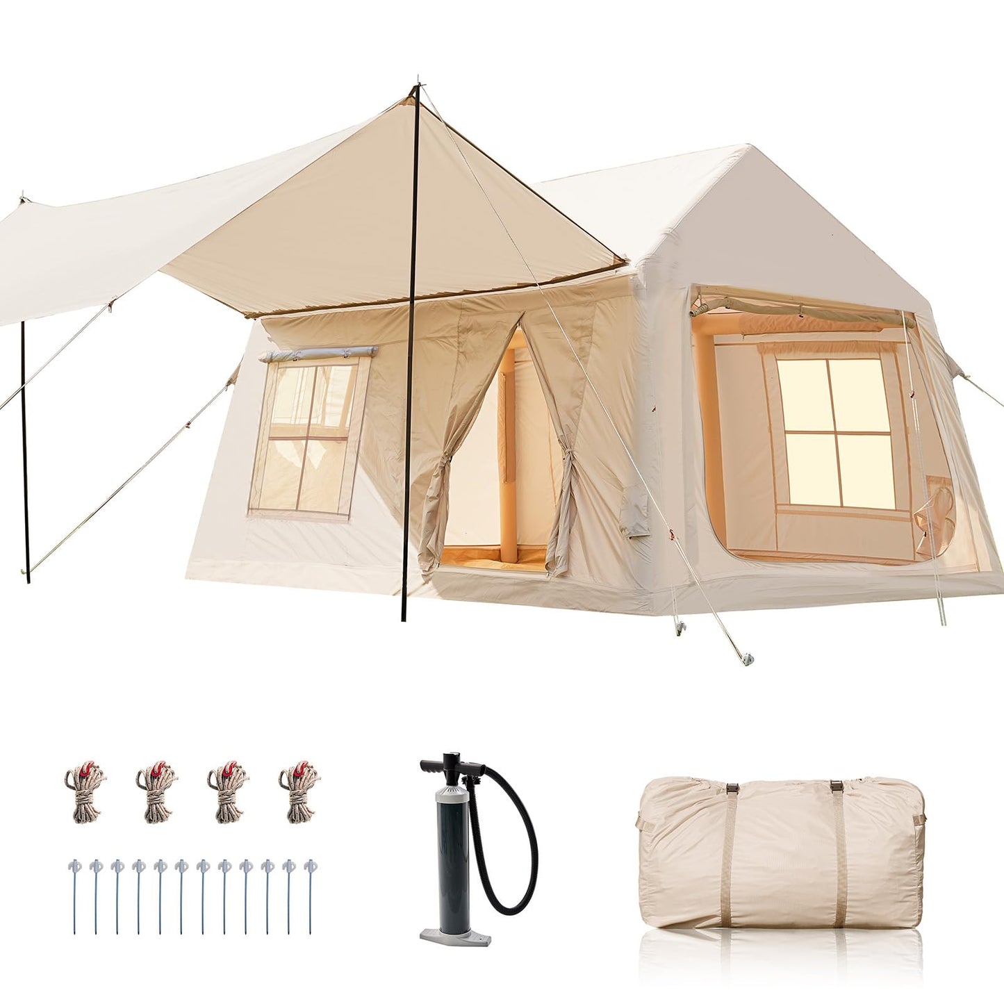 8-10 Person Large Inflatable Camping Tents with Canopy, Blow Up Tent House 2 Rooms, 4 Season Hot Tent with Stove Jack & AC Ports, Glamping Camping Tents for Outdoors, Easy Setup with Air Pump