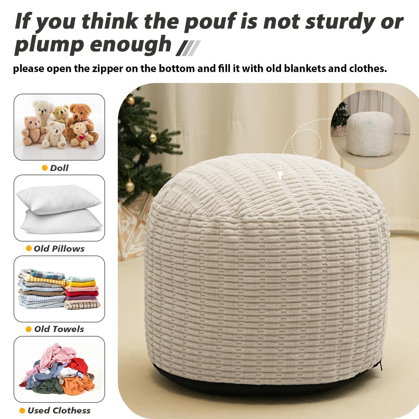Round Stuffed Pouf Ottoman for Foot Rest, Storage Ottoman Pouf Foot Stool Cushion, Faux Fur Poufs with Foam Chunk Filling, 26 X 18 Inch Floor Chair for Living Room Bedroom Home Decor, Beige