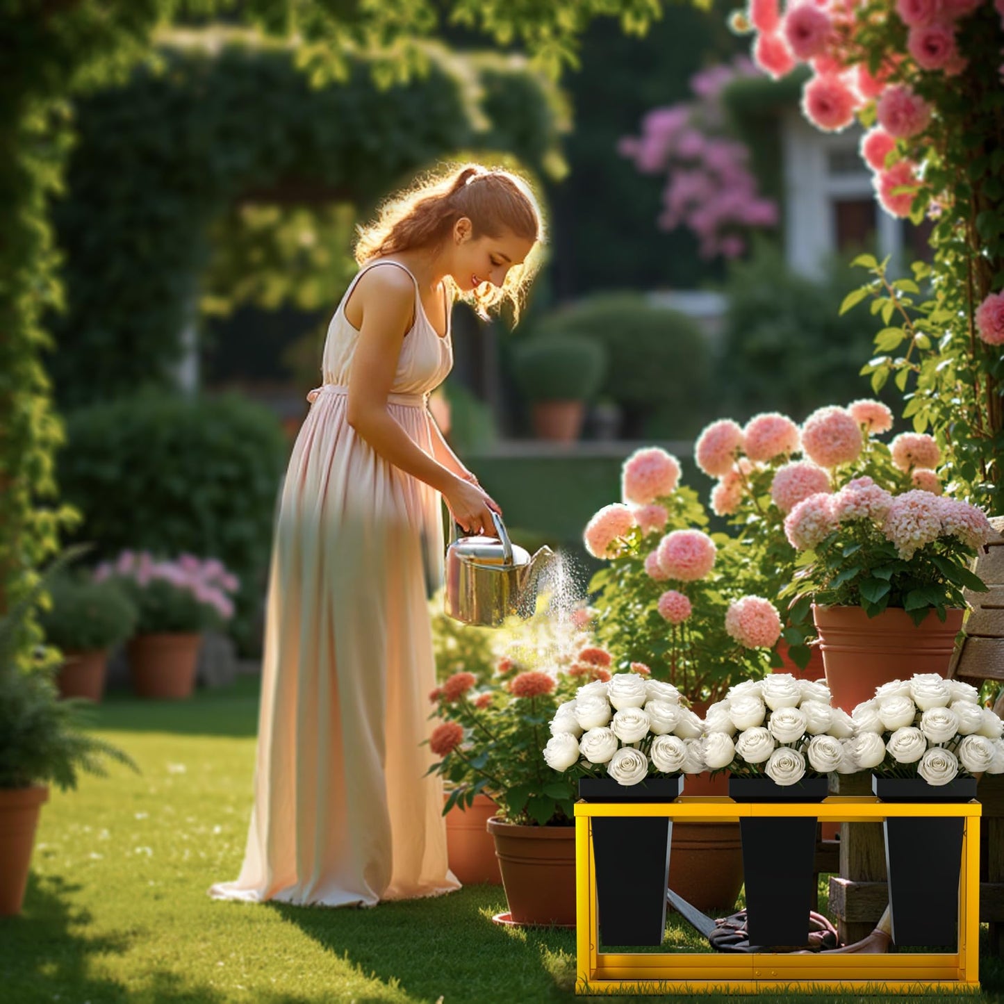 ztysn Flower Display Stand - Plant Stand with 3pcs Plastic Flower Buckets , Moving Heavy Duty Flower Cart Flower Metal shelf Indoor,Outdoor Patio,Garden,Living Room,Florist (with White Buckets )