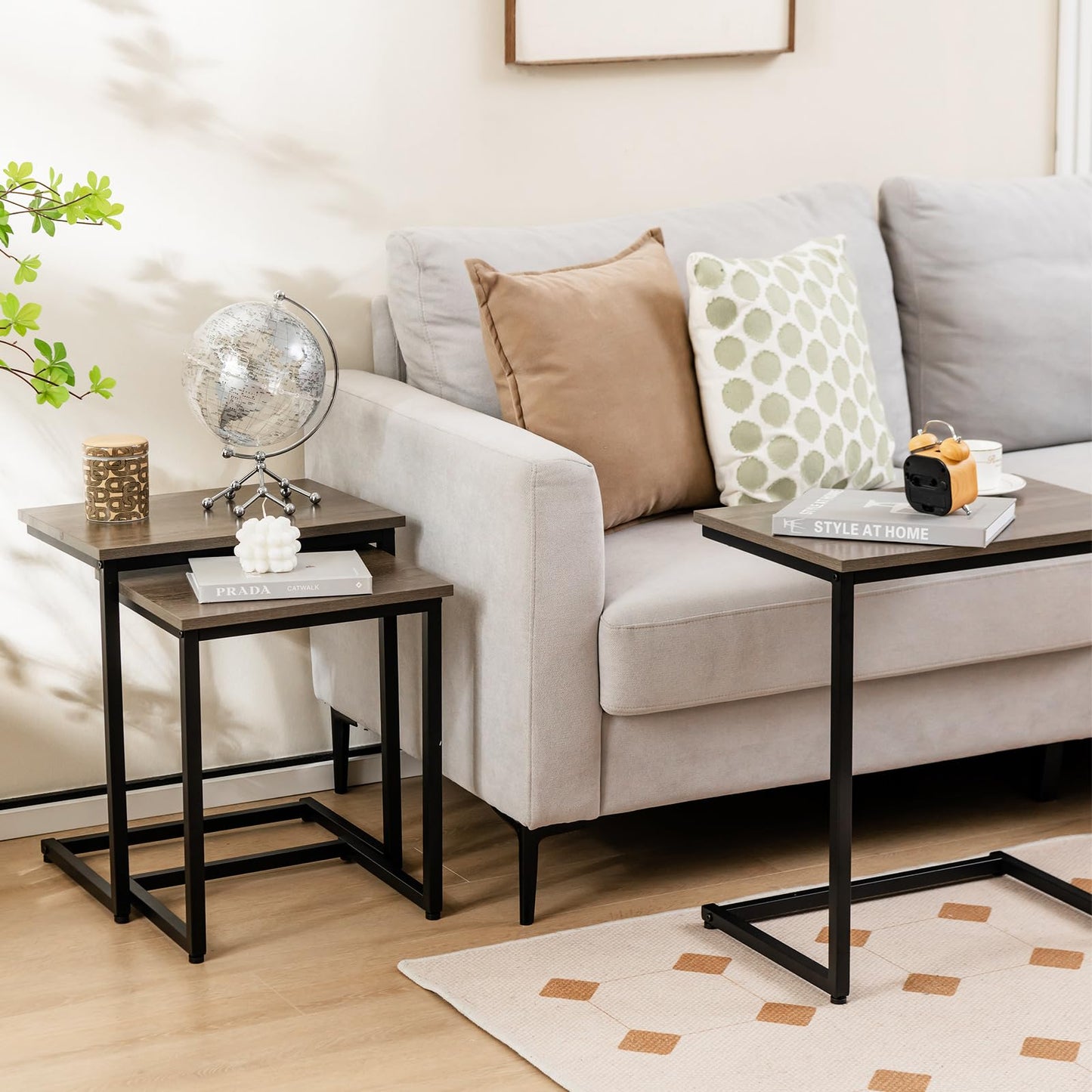 Tangkula Nesting Table Set of 3, Rectangle Stacking Side End Table w/Wood Top & Metal Legs, Adjustable Foot Pads, C-Shaped Accent Coffee Tables for Small Spaces, Living Room (C-Shaped, Gray, 3-pc)