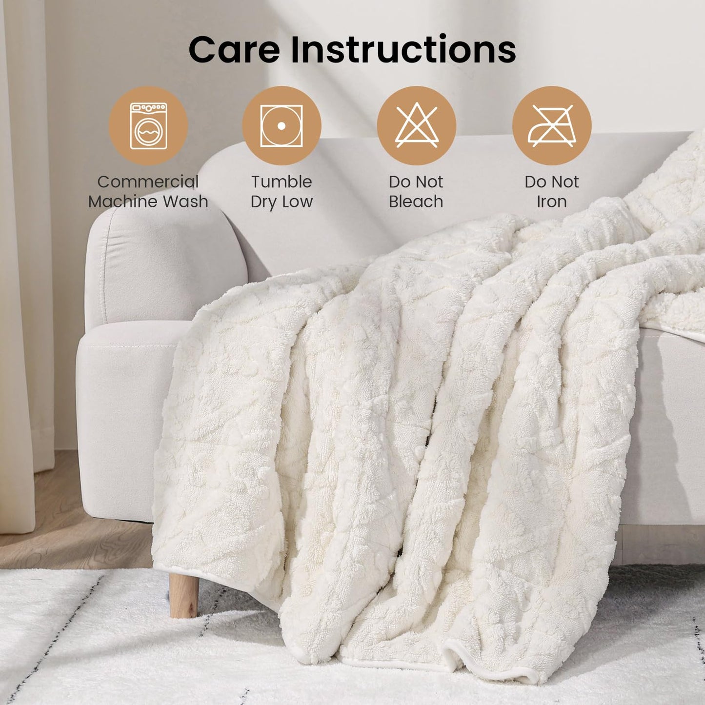 Drewin Weighted Blanket 15lbs Queen Size, Soft and Thick Jacquard Sherpa Heavy Blanket for Calming and Relax, Dual Sided Ultra Soft Fuzzy Throw Blanket with Ceramic Beads, 60 x 80 inches, Cream White