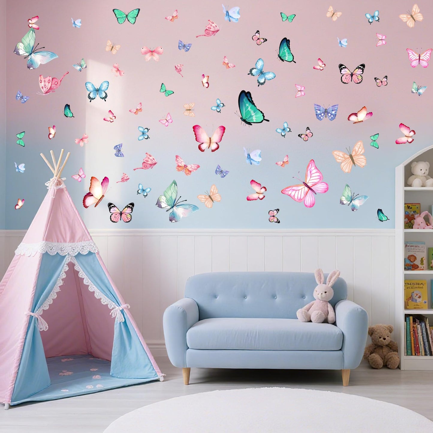 128 Stickers/6 Pieces Wall Decals for Girls Bedroom,Glow in the Dark Stickers,Butterfly Wall Decals - Blue & Pink Glowing Decor for Bedroom, Party Decor, Kids Room,Living Room(Detachable)