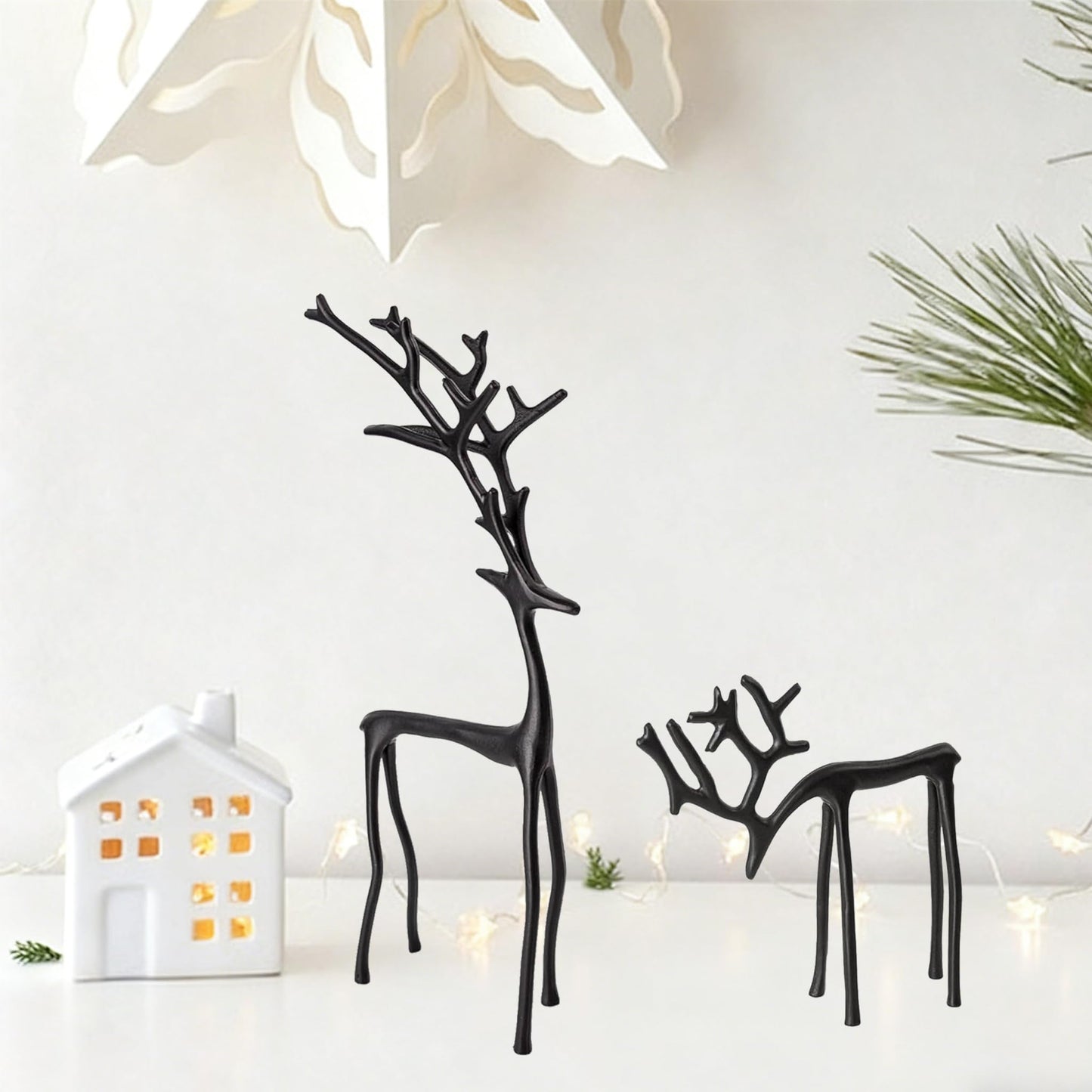 JumkontSet of 2 Modern Reindeer Statues - Black Metal Reindeer Statues - Style Modern Reindeers Tabletop Decoration - Ornaments for Mantel Fireplace Living Room Bedroom Home Decor