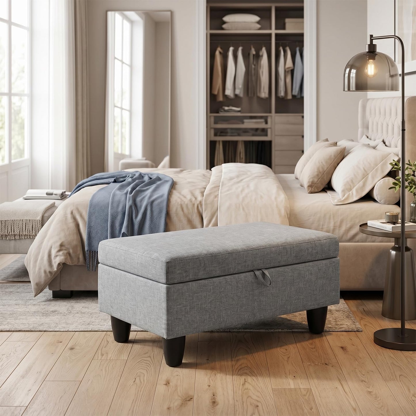 Asevlge 35" Storage Ottoman with Storage for Bedroom, Solid Wood End of Bed Bench, 660lbs Capacity Heavy Duty Foot Rest Stool, Grey Linen with Double Layer Springs