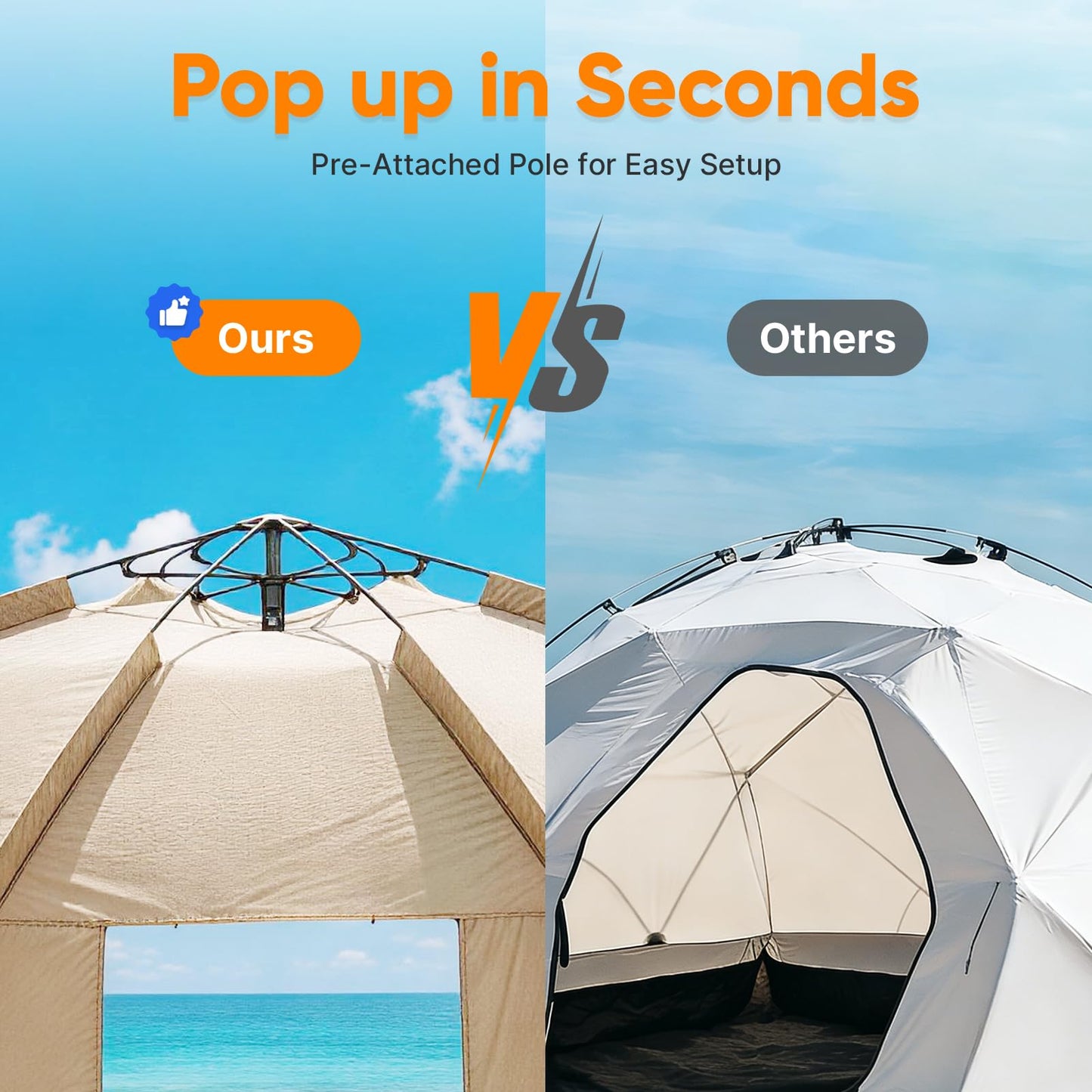 Golabs BT1 Pop up Beach Tent Sun Shelter for 3-Person, 1-Minute Setup by Pre-Attached Pole & UPF 50+, Beach Shade with Detachable Floor Mat, Mesh for Clear View & Airflow, only 7 lbs & Pocket and Hook