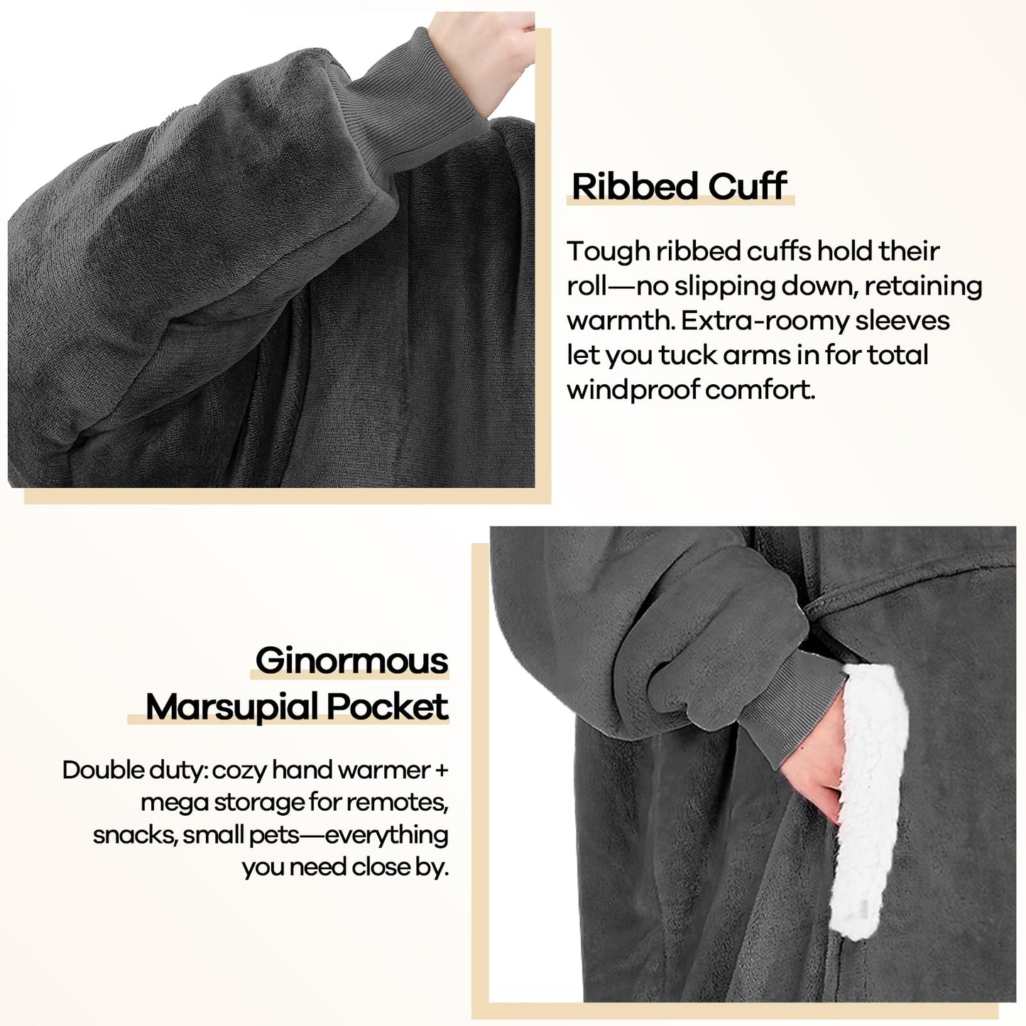 yescool Wearable Blanket Hoodie - Birthday Gifts for Women Mom Girlfriend, Oversized Flannel Sherpa Cozy Hooded Blanket Sweatshirt Adult With Hood Pocket & Sleeves, One Size Fits All (Grey)